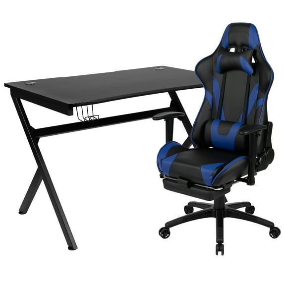 Flash Furniture Black Gaming Desk and Blue Footrest Reclining Gaming Chair Set with Cup Holder, Headphone Hook & 2 Wire Management Holes