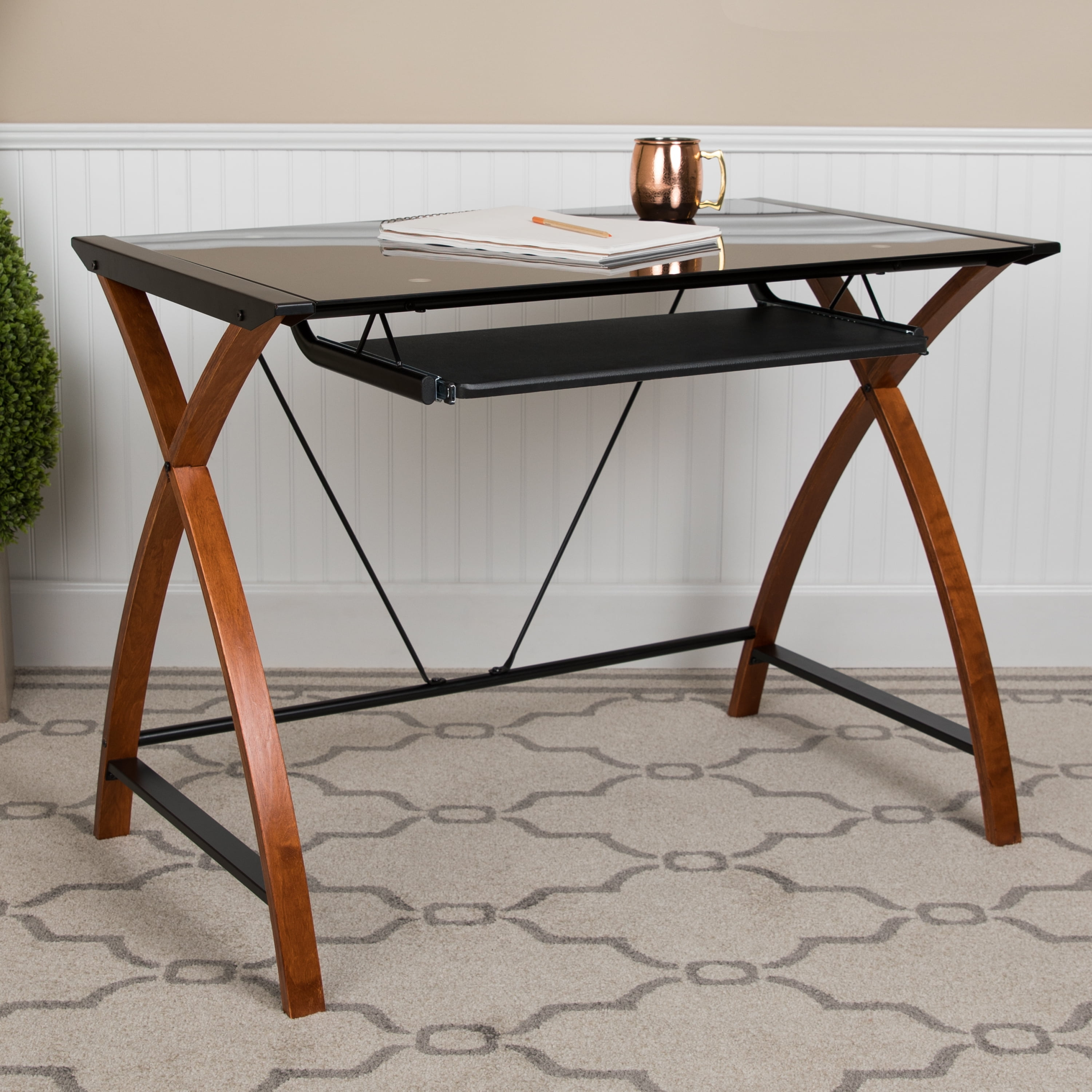 Flash Furniture Jude Black Glass Computer Desk with Pull-Out Keyboard Tray and Crisscross Frame