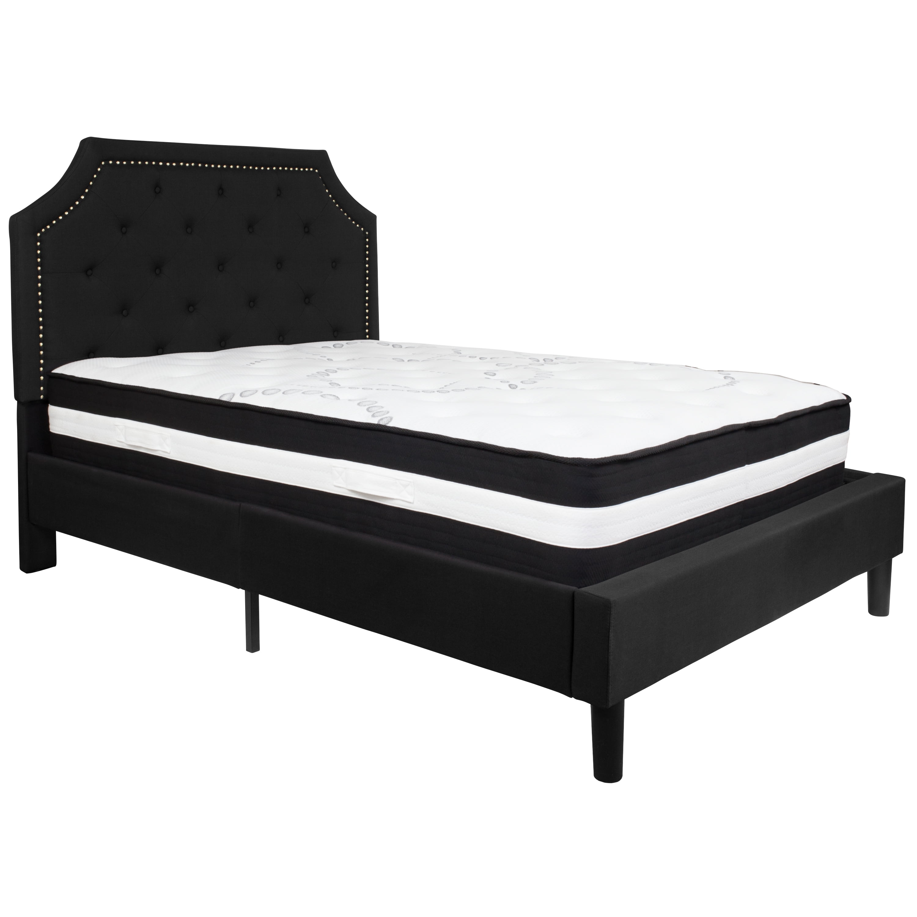 Flash Furniture Brighton Cama con Plataforma Tapizada con Capitoné de Tamaño Full en Tela Negra con Colchón de Muelles Ensacados