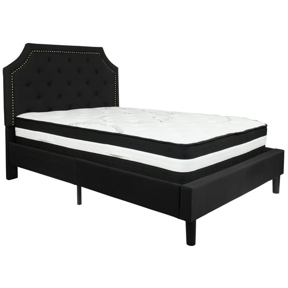 Flash Furniture Brighton Cama con Plataforma Tapizada con Capitoné de Tamaño Full en Tela Negra con Colchón de Muelles Ensacados