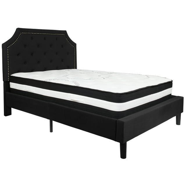 Flash Furniture Brighton Cama con Plataforma Tapizada con Capitoné de Tamaño Full en Tela Negra con Colchón de Muelles Ensacados