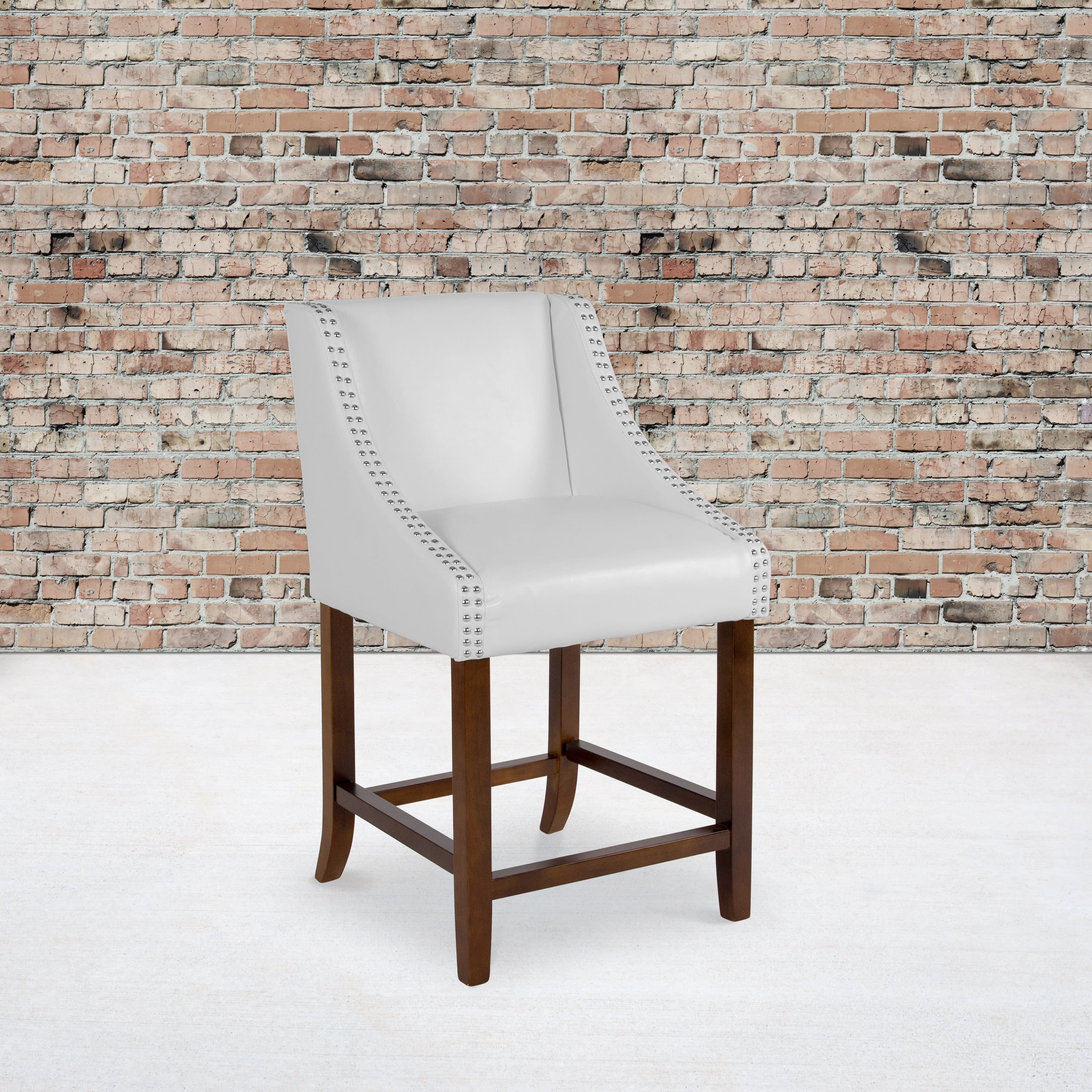 Flash Furniture Carmel Series 24" High Transitional Walnut Counter Height Stool with Nail Trim in White LeatherSoft