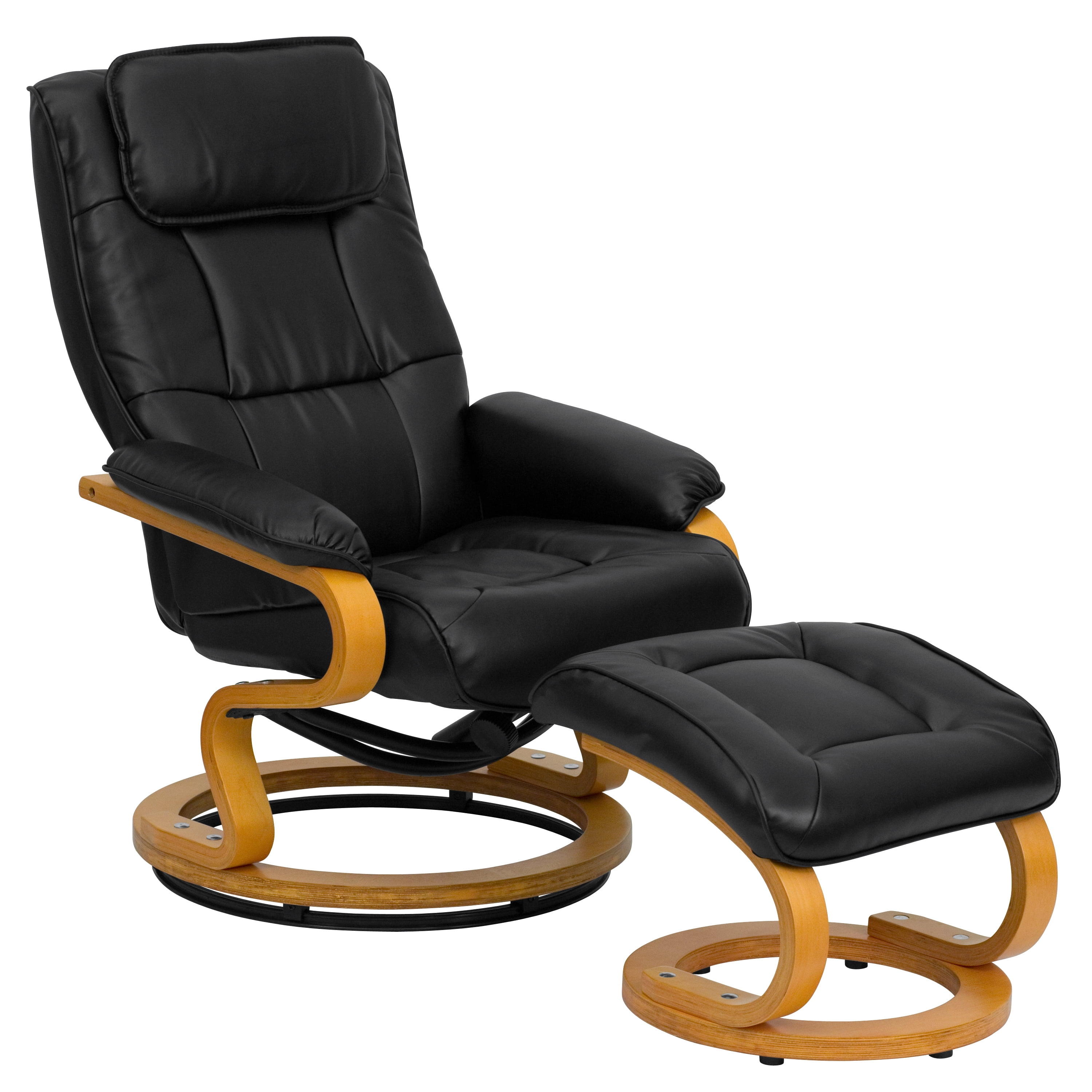 Flash Furniture Davies Contemporary Adjustable Recliner and Ottoman with Swivel Maple Wood Base in Black LeatherSoft