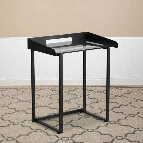 Flash Furniture Escritorio Contemporáneo de Vidrio Templado Transparente con Borde Elevado para Gestión de Cables y Estructura de Metal Negro