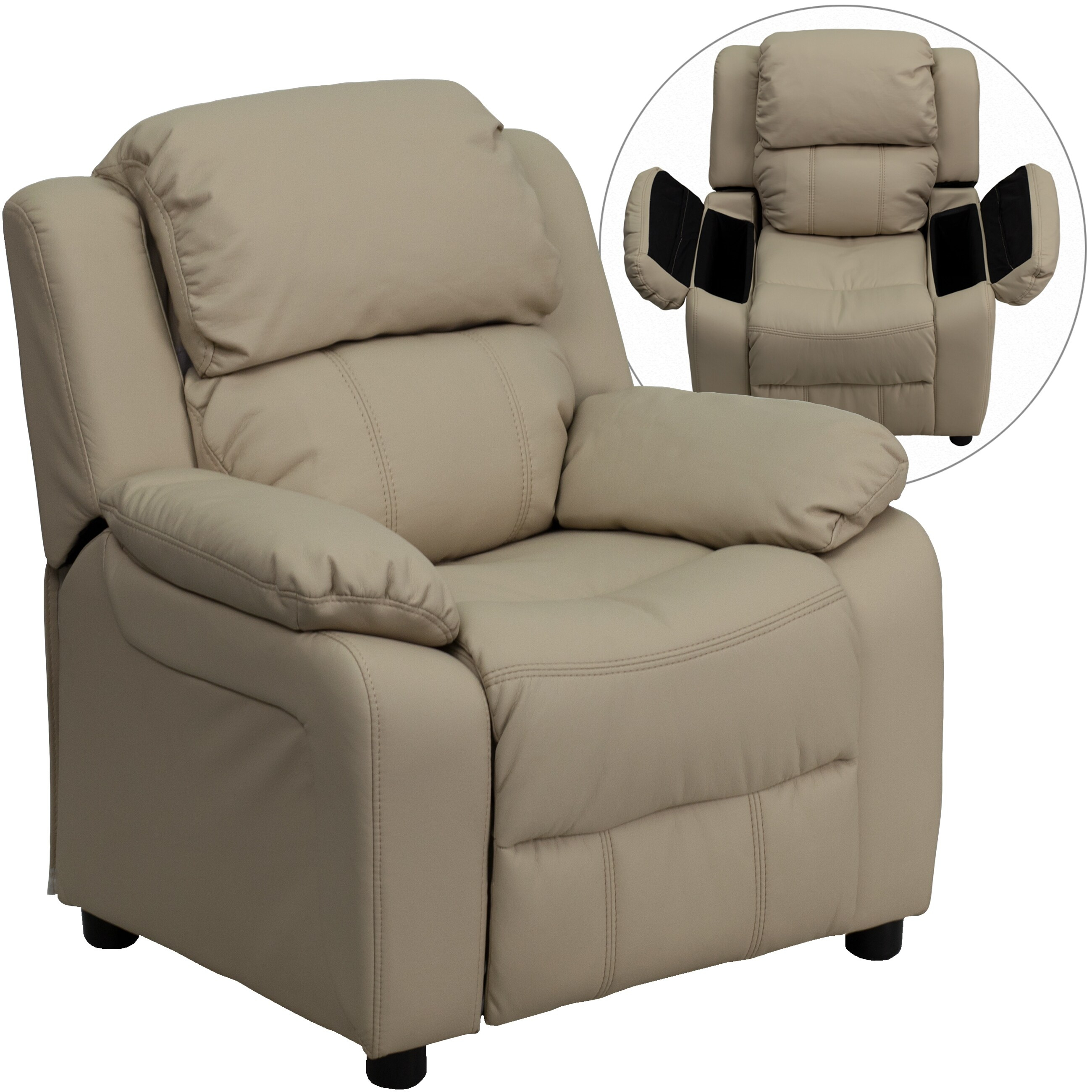 Flash Furniture Charlie Deluxe Padded Contemporary Beige Vinyl Kids Recliner with Storage Arms