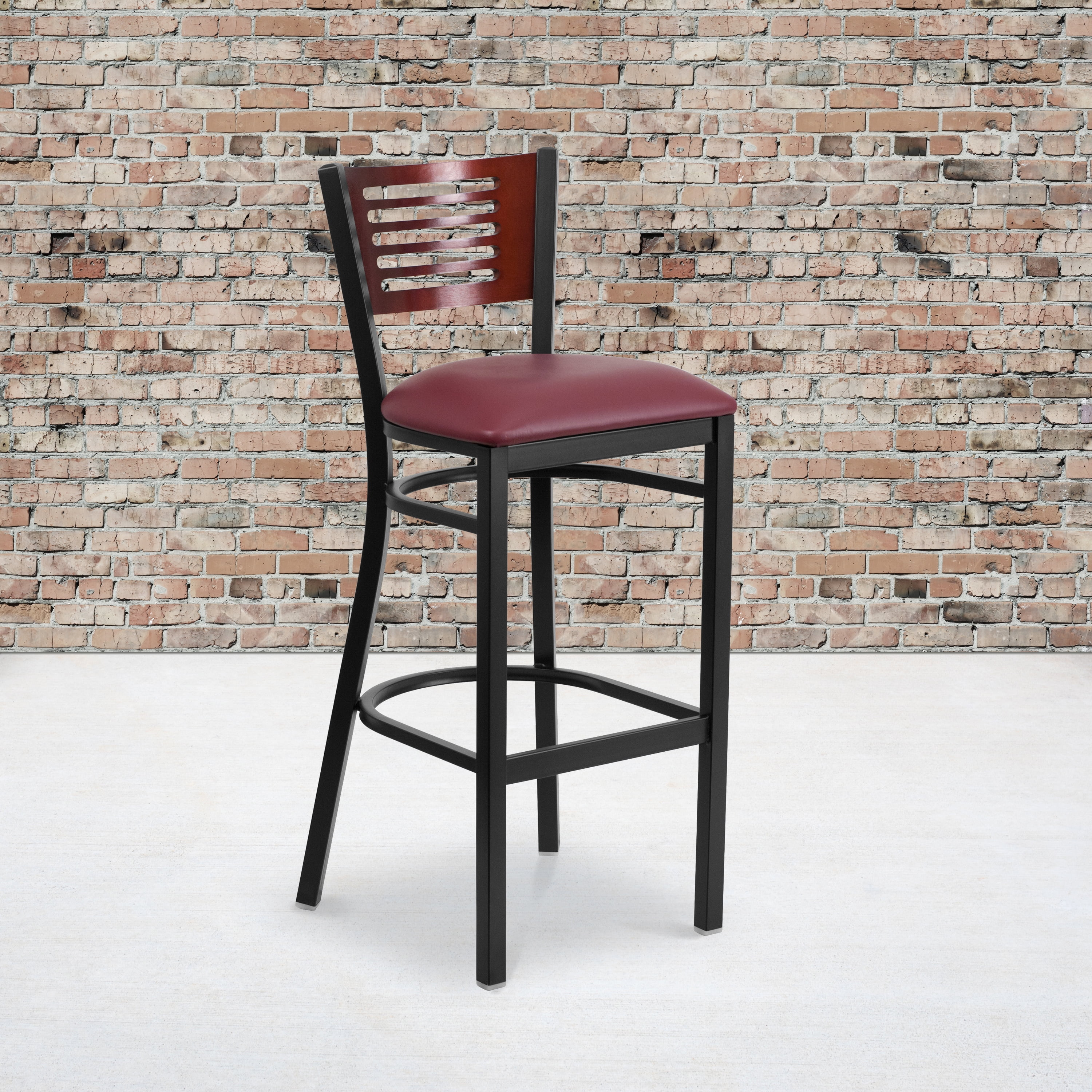 Flash Furniture HERCULES Series Black Slat Back Metal Restaurant Barstool - Mahogany Wood Back, Burgundy Vinyl Seat