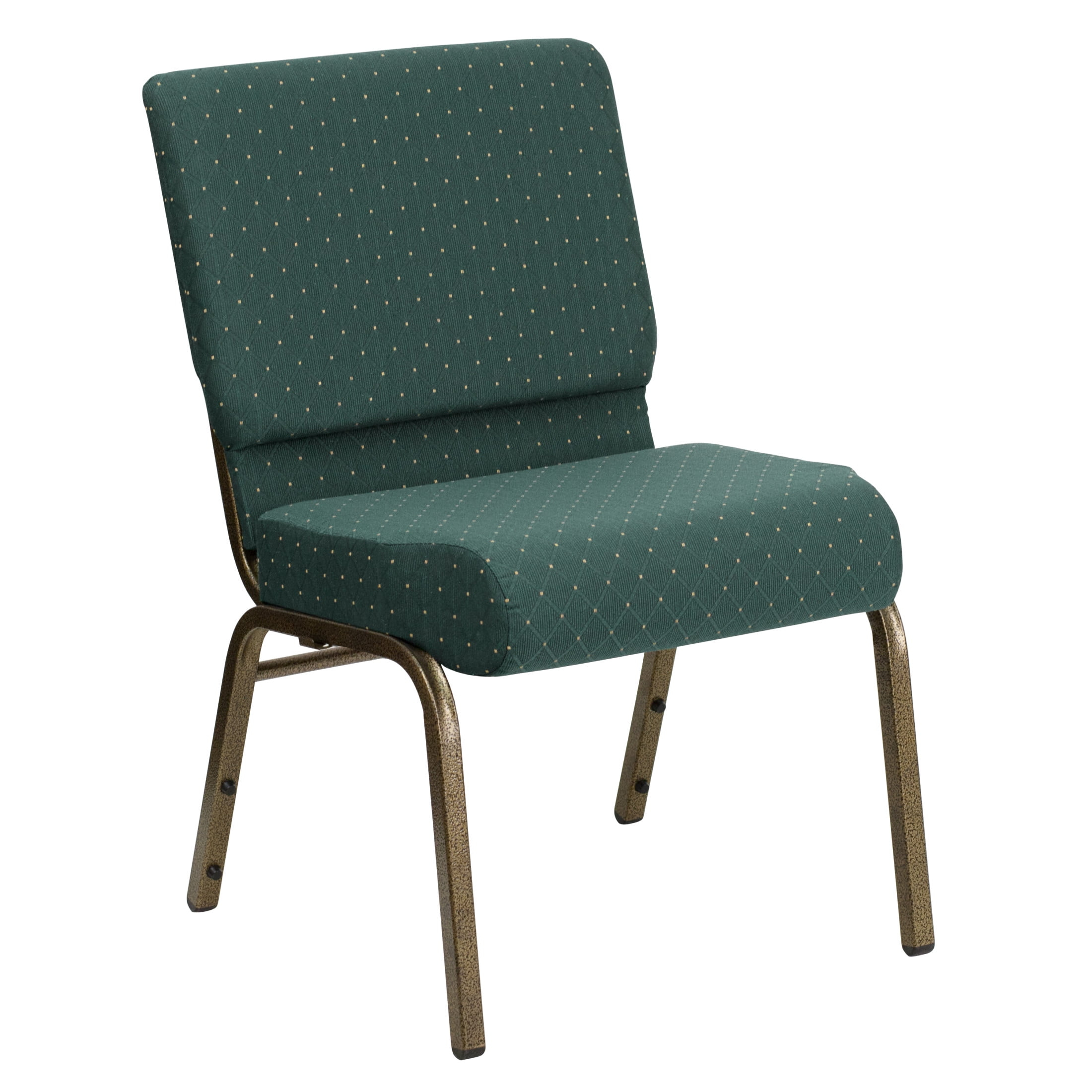 BizChair 21''W Stacking Church Chair in Hunter Green Dot Patterned Fabric - Gold Vein Frame