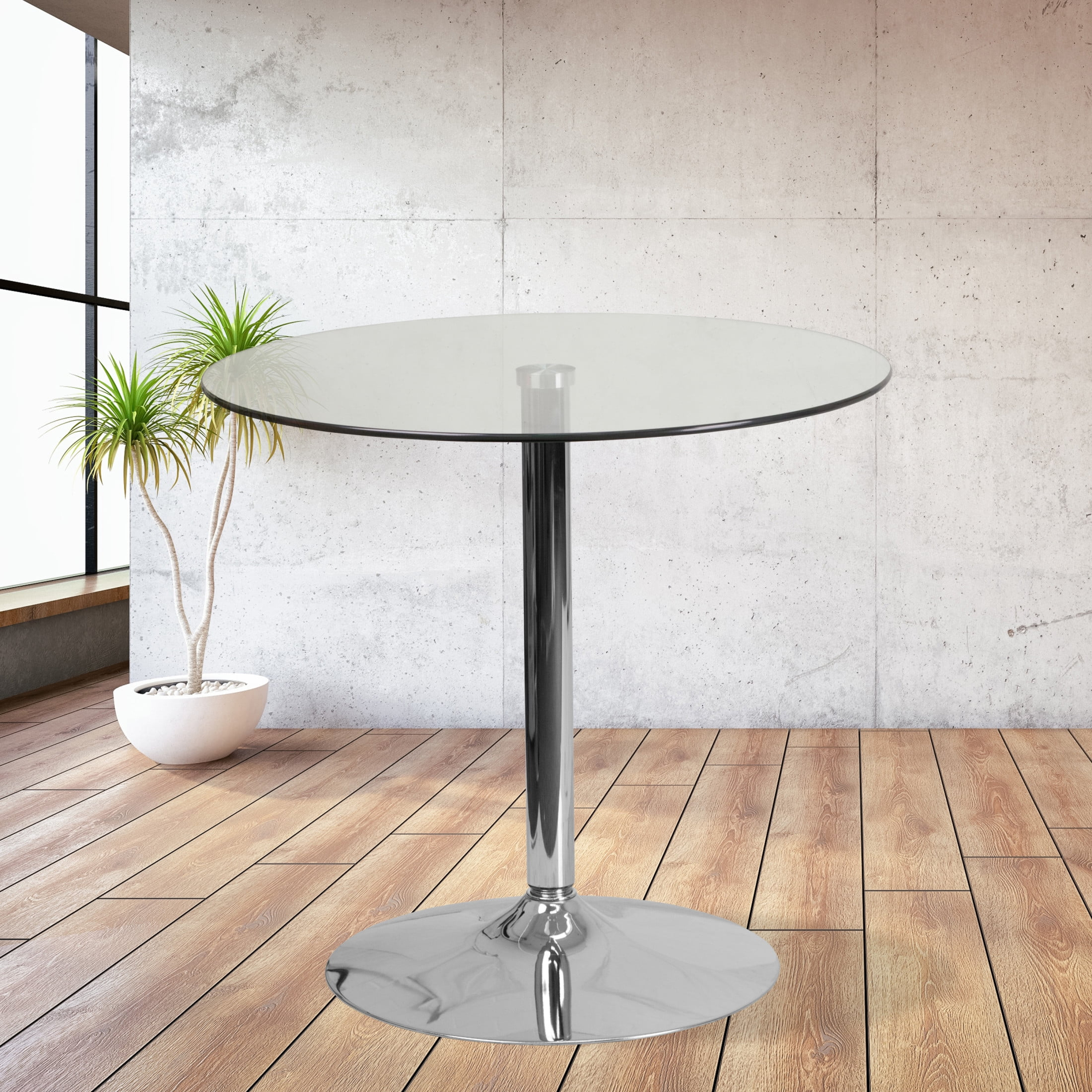 Flash Furniture Hills 31.5'' Round Tempered Glass Dining Table with 29''H Chrome Base, Clear/Silver