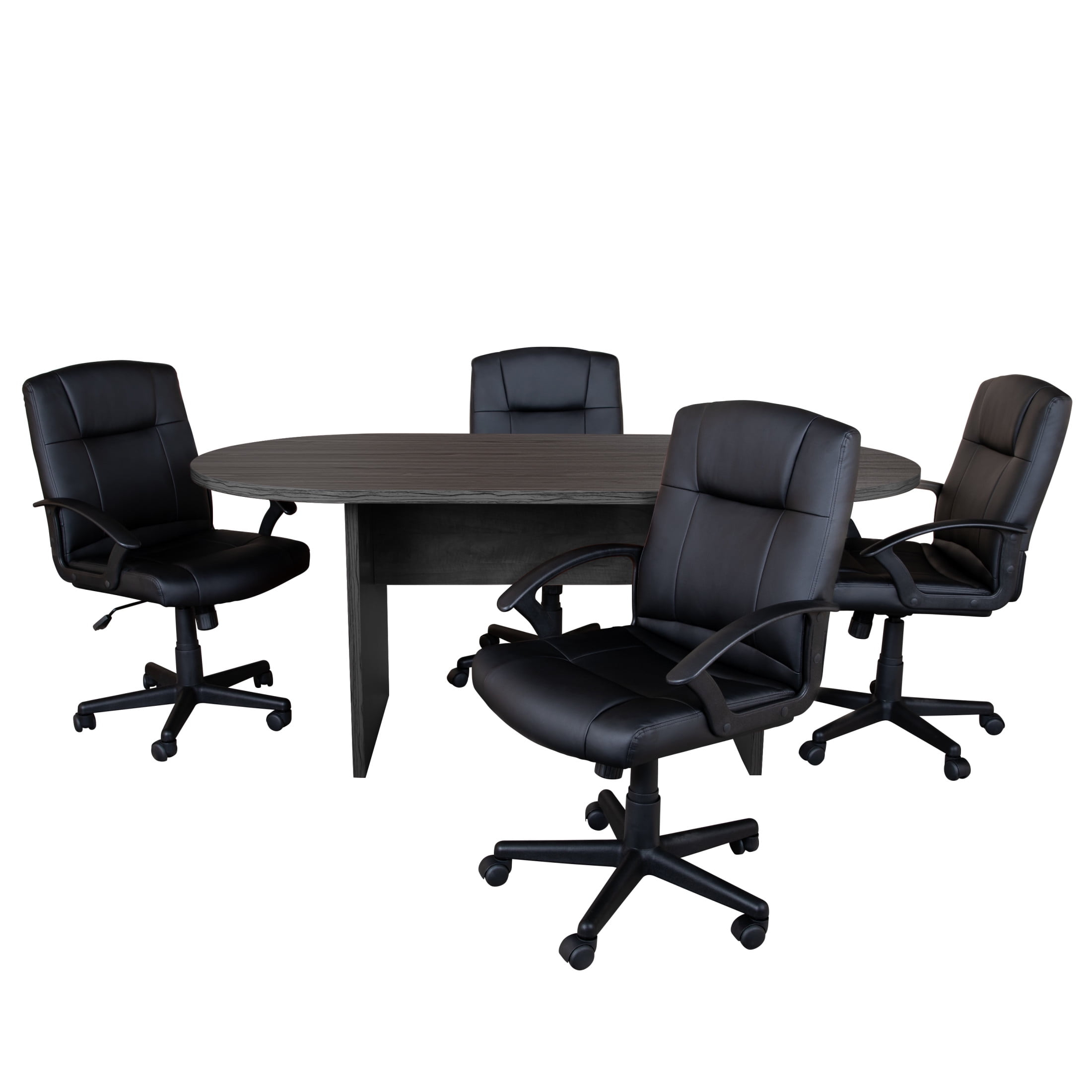 Flash Furniture Lake 5 Piece Rustic Gray Oval Conference Table Set with 4 Black LeatherSoft-Padded Task Chairs