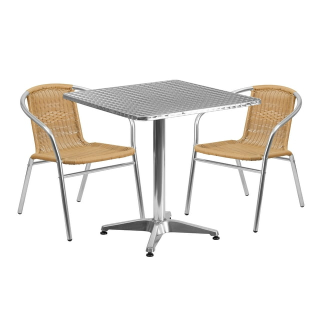 Flash Furniture Lila 27.5'' Square Aluminum Indoor-Outdoor Table Set with 2 Beige Rattan Chairs