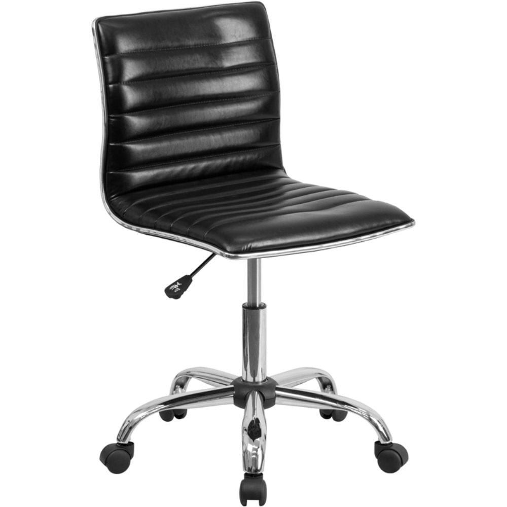 QueelQuest Adjustable Task Chair PU Leather Low Back Ribbed Armless Swivel Black Desk Chair Office Chair Wheels (Black)
