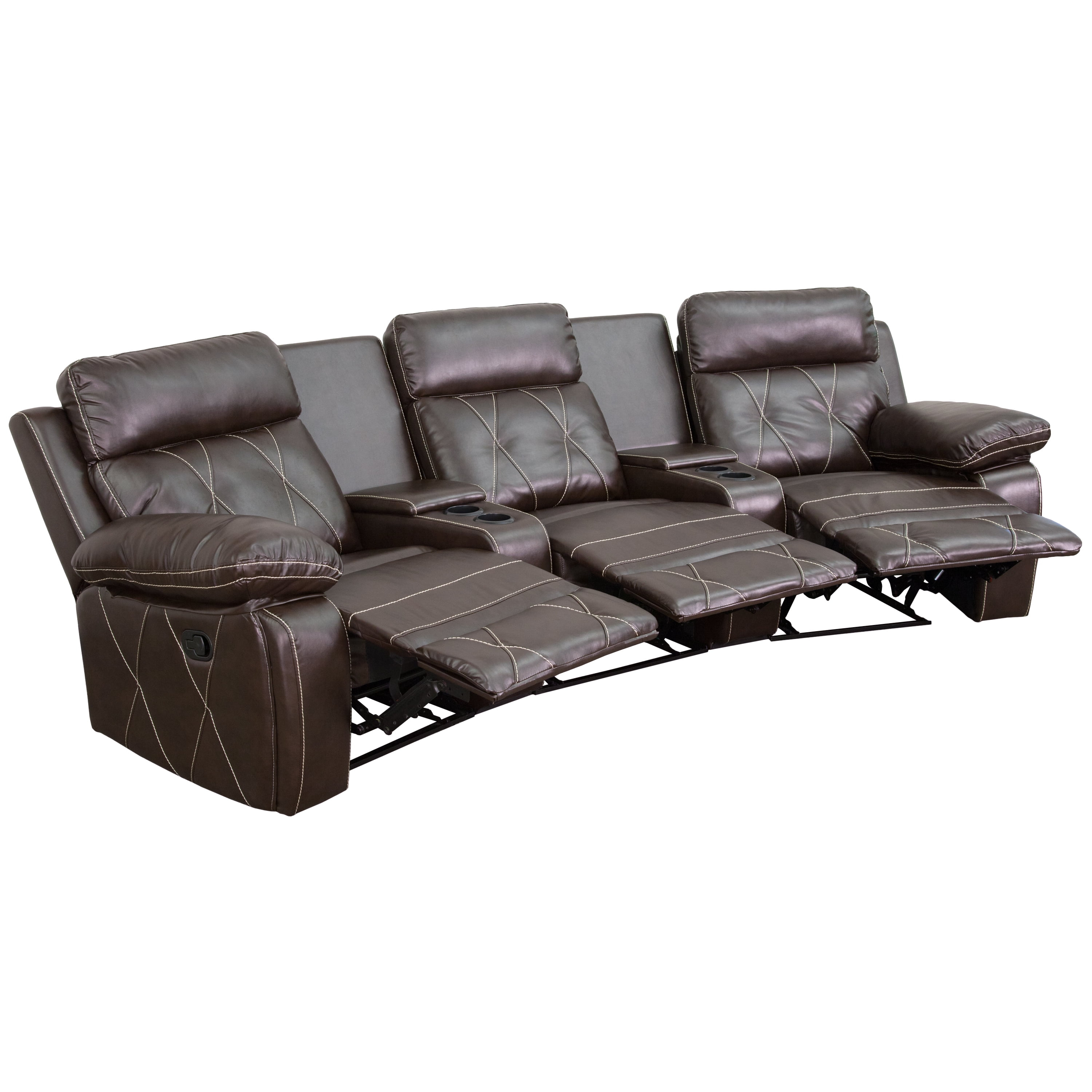 Flash Furniture Reel Comfort Series 3-Seat Reclining Brown LeatherSoft Theater Seating Unit with Curved Cup Holders