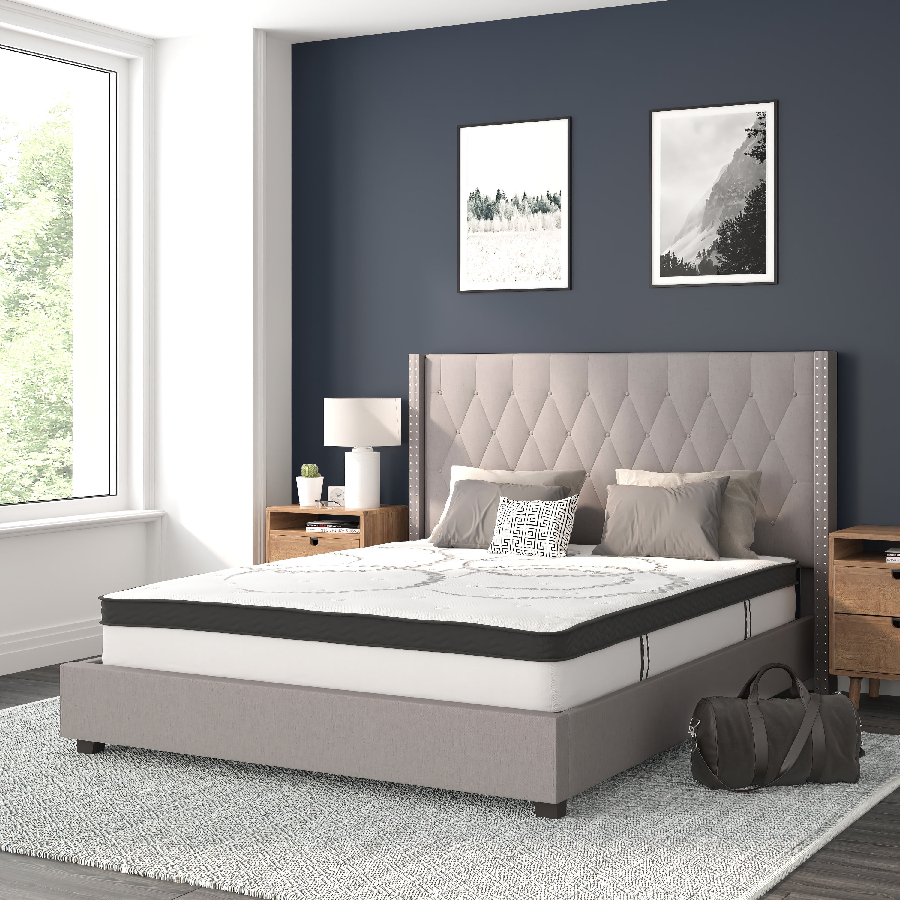 Flash Furniture Riverdale Queen Size Tufted Upholstered Platform Bed in Light Gray Fabric with 10 Inch CertiPUR-US Certified Pocket Spring Mattress