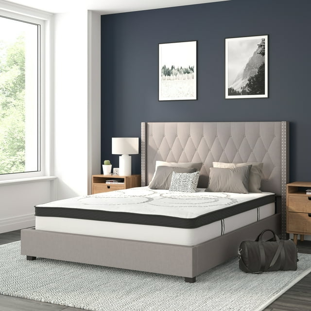 Flash Furniture Riverdale Queen Size Tufted Upholstered Platform Bed in Light Gray Fabric with 10 Inch CertiPUR-US Certified Pocket Spring Mattress