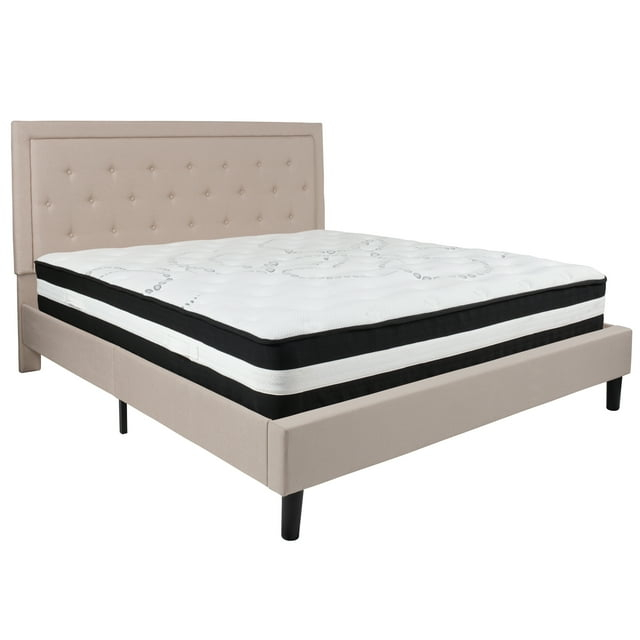 Flash Furniture Roxbury King Size Tufted Upholstered Platform Bed in Beige Fabric with Pocket Spring Mattress