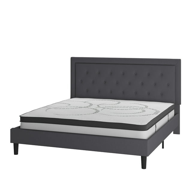 Flash Furniture Roxbury King Size Tufted Upholstered Platform Bed in Dark Gray Fabric with 10 Inch CertiPUR-US Certified Pocket Spring Mattress