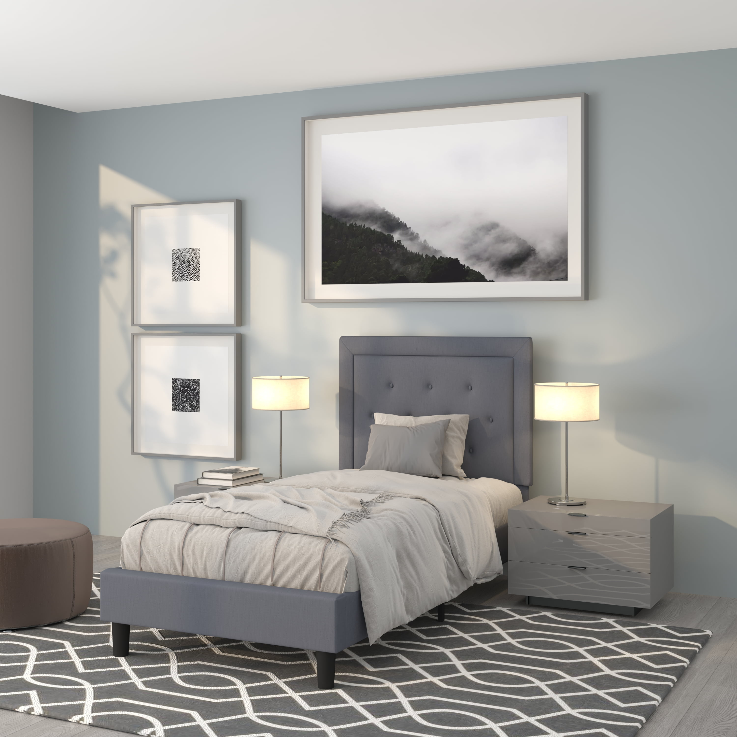 Flash Furniture Roxbury Twin Size Tufted Upholstered Platform Bed in Light Gray Fabric
