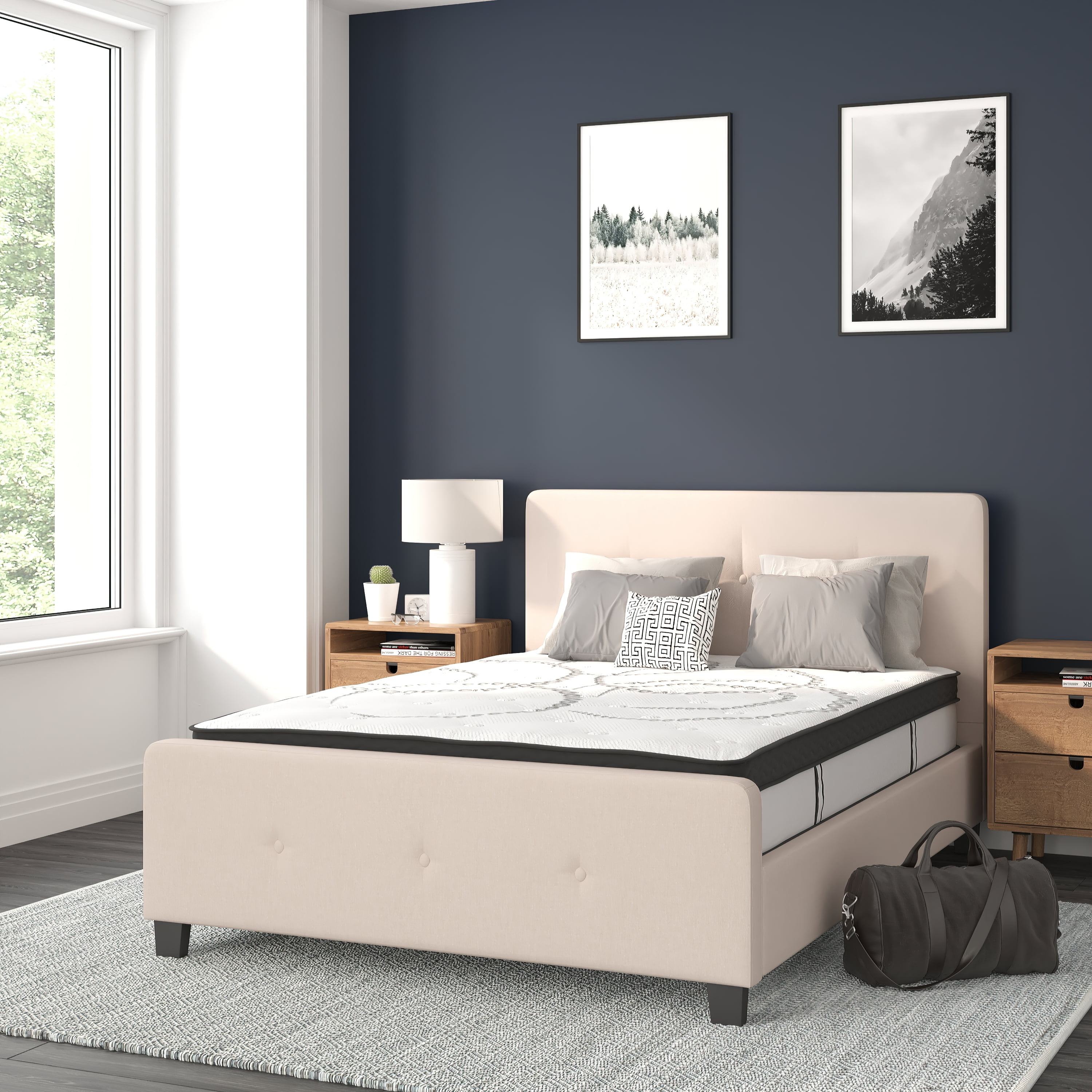 Flash Furniture Tribeca Full Size Tufted Upholstered Platform Bed in Beige Fabric with 10 Inch CertiPUR-US Certified Pocket Spring Mattress