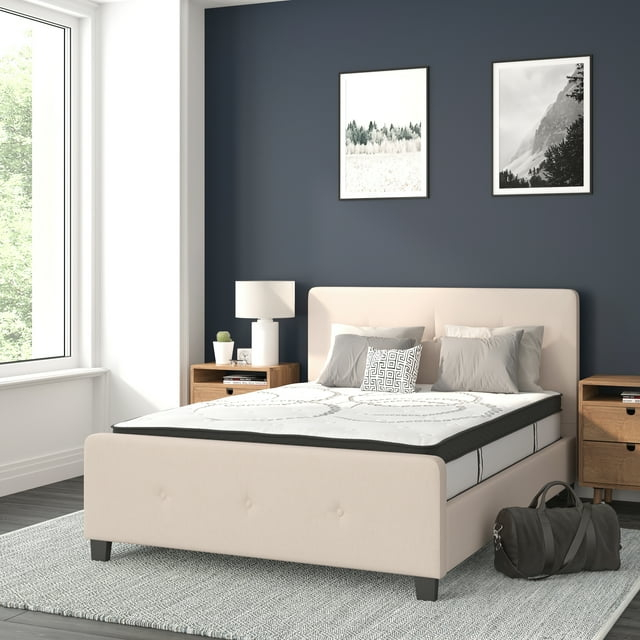 Flash Furniture Tribeca Full Size Tufted Upholstered Platform Bed in Beige Fabric with 10 Inch CertiPUR-US Certified Pocket Spring Mattress