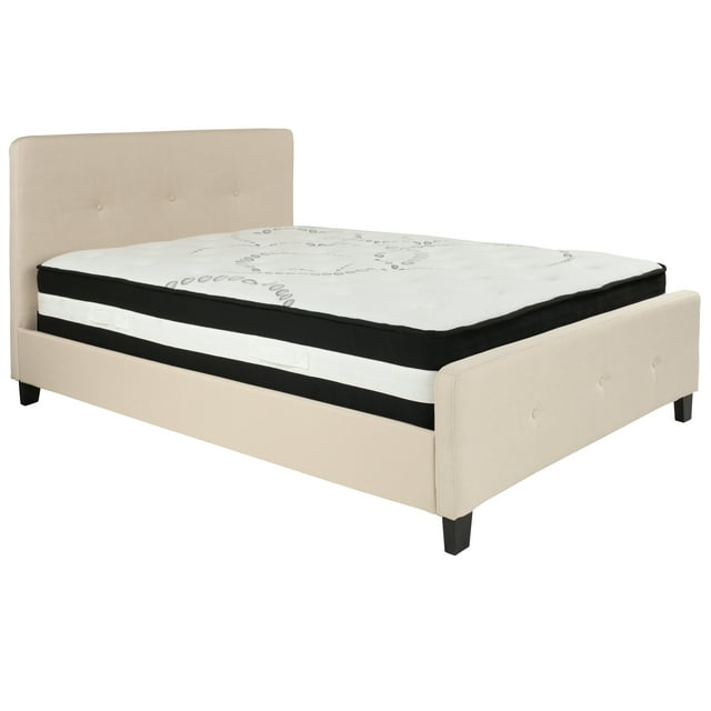 Flash Furniture Tribeca Full Size Tufted Upholstered Platform Bed in Beige Fabric with Pocket Spring Mattress