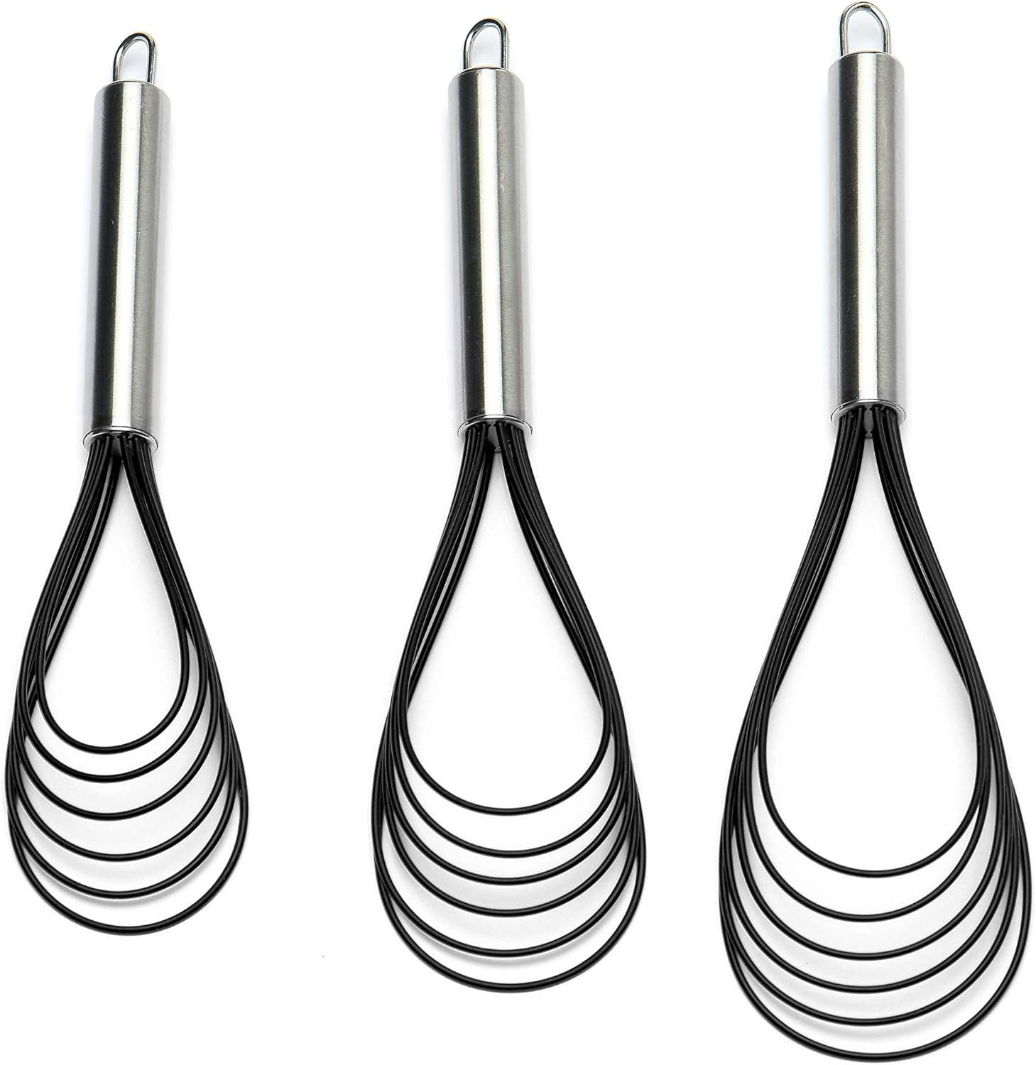 Flat Whisks Stainless Steel,3 Pack 10''+11''+12'' Set Premium Sturdy-6 Silicone Heads Non Stick Wires Whisk for Blending Beating Stirring Kitchen Cooking Color Grey