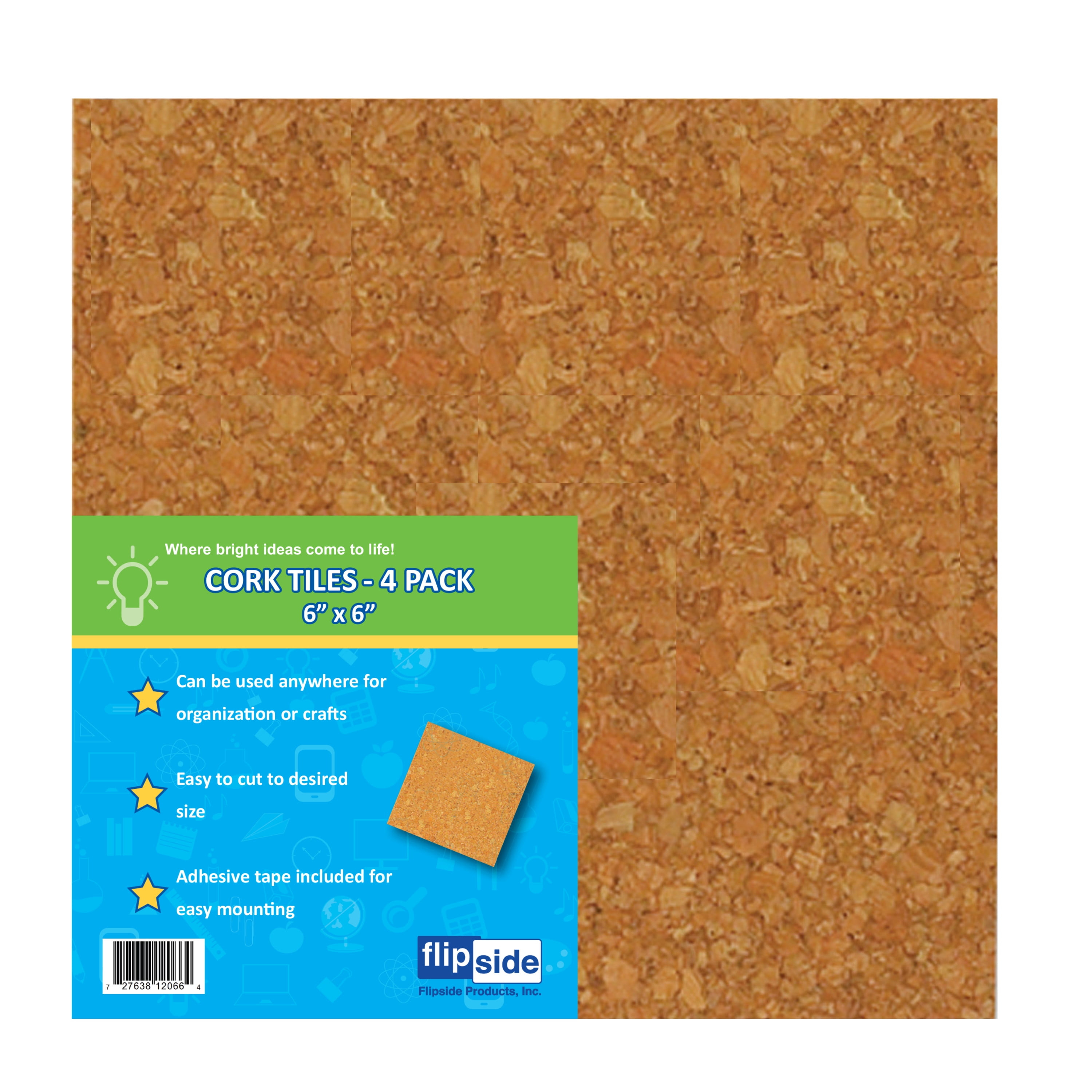 Flipside Products Cork Tiles, 6" x 6" 1/8" Thick, 4/Pkg.