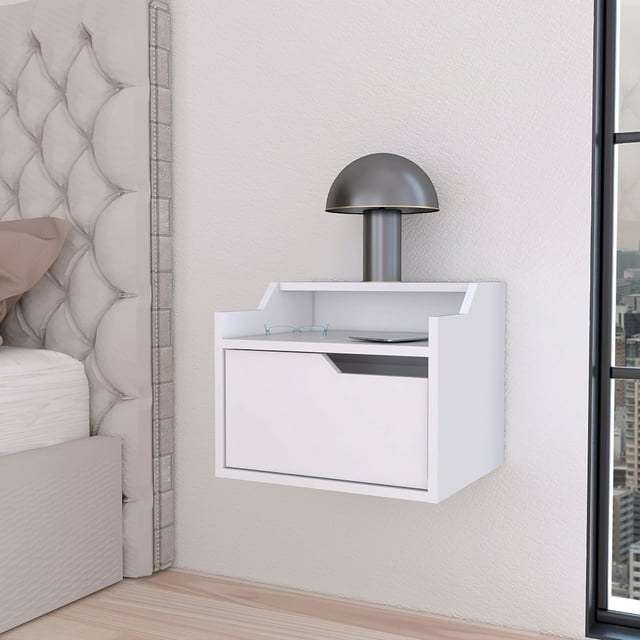 Floating Nightstand – 15.7" Wide Wall-Mounted Shelf – Dual Display Shelves + Hidden Drawer – Space-Saving Modern Design