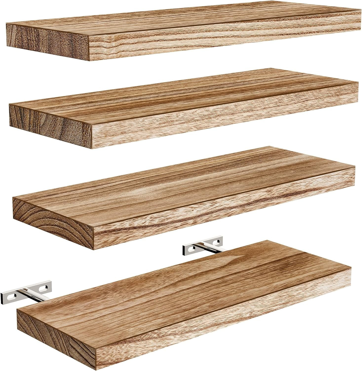 Floating Shelves, Paulownia Wood Wall Shelves for Bathroom/Living Room/Bedroom/Kitchen/Home Office, Natural Wood Floating Shelf for Home Storage & Organization, Set of 4, AMFS40W