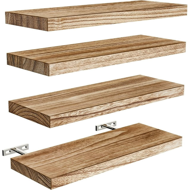 Floating Shelves, Paulownia Wood Wall Shelves for Bathroom/Living Room/Bedroom/Kitchen/Home Office, Natural Wood Floating Shelf for Home Storage & Organization, Set of 4, AMFS40W