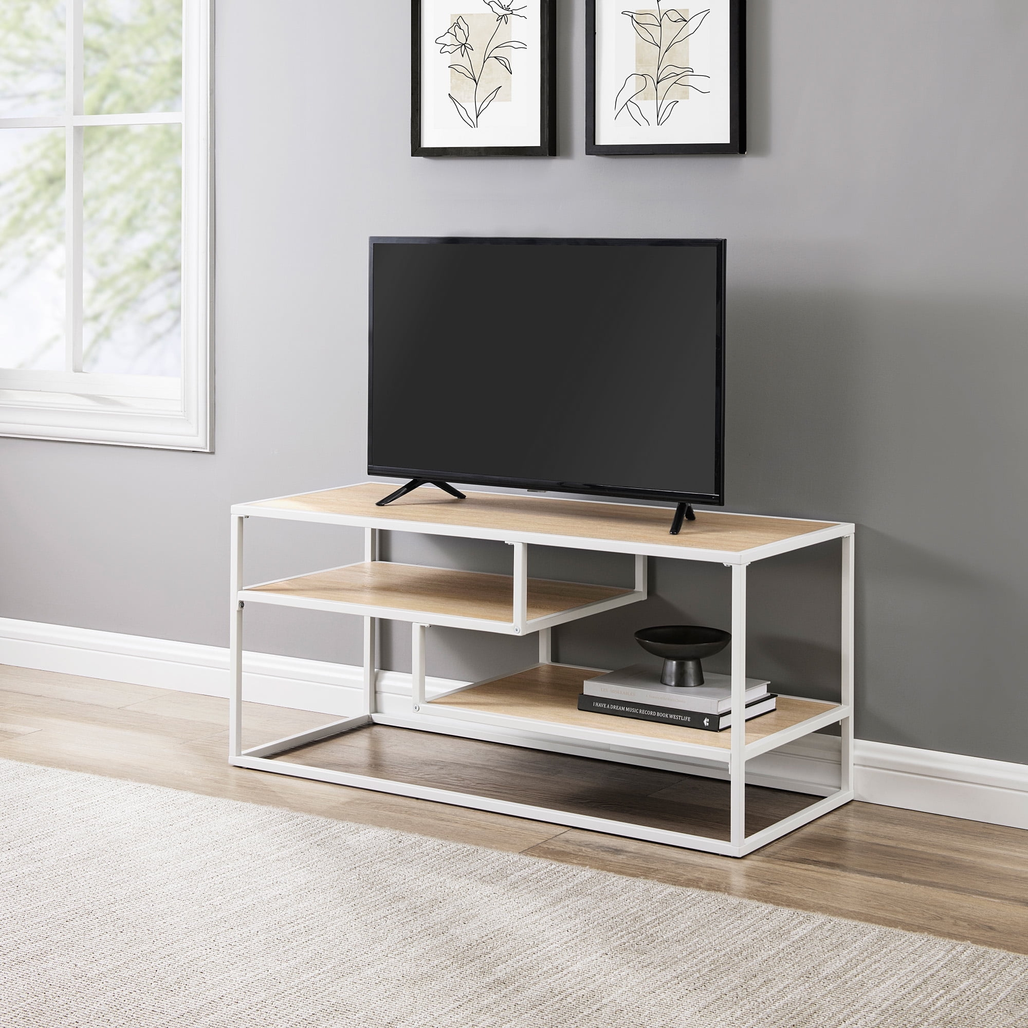 Floating Wood Shelf TV Stand for TVs up to 43 Inches Coastal Oak / White