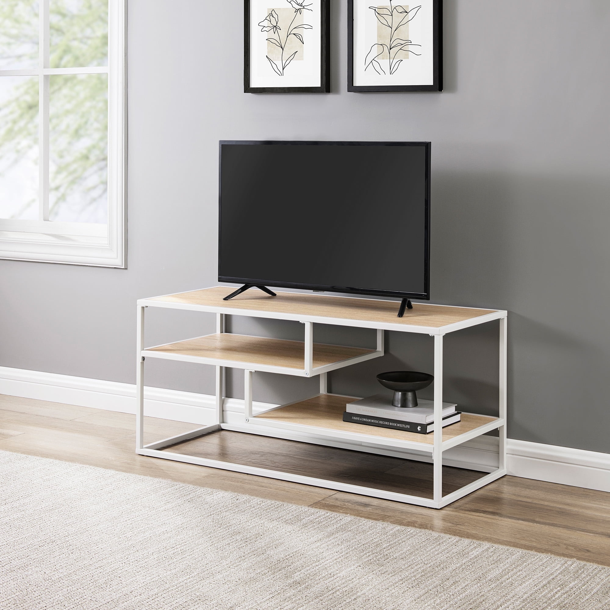 Floating Wood Shelf TV Stand for TVs up to 43 Inches Coastal Oak / White