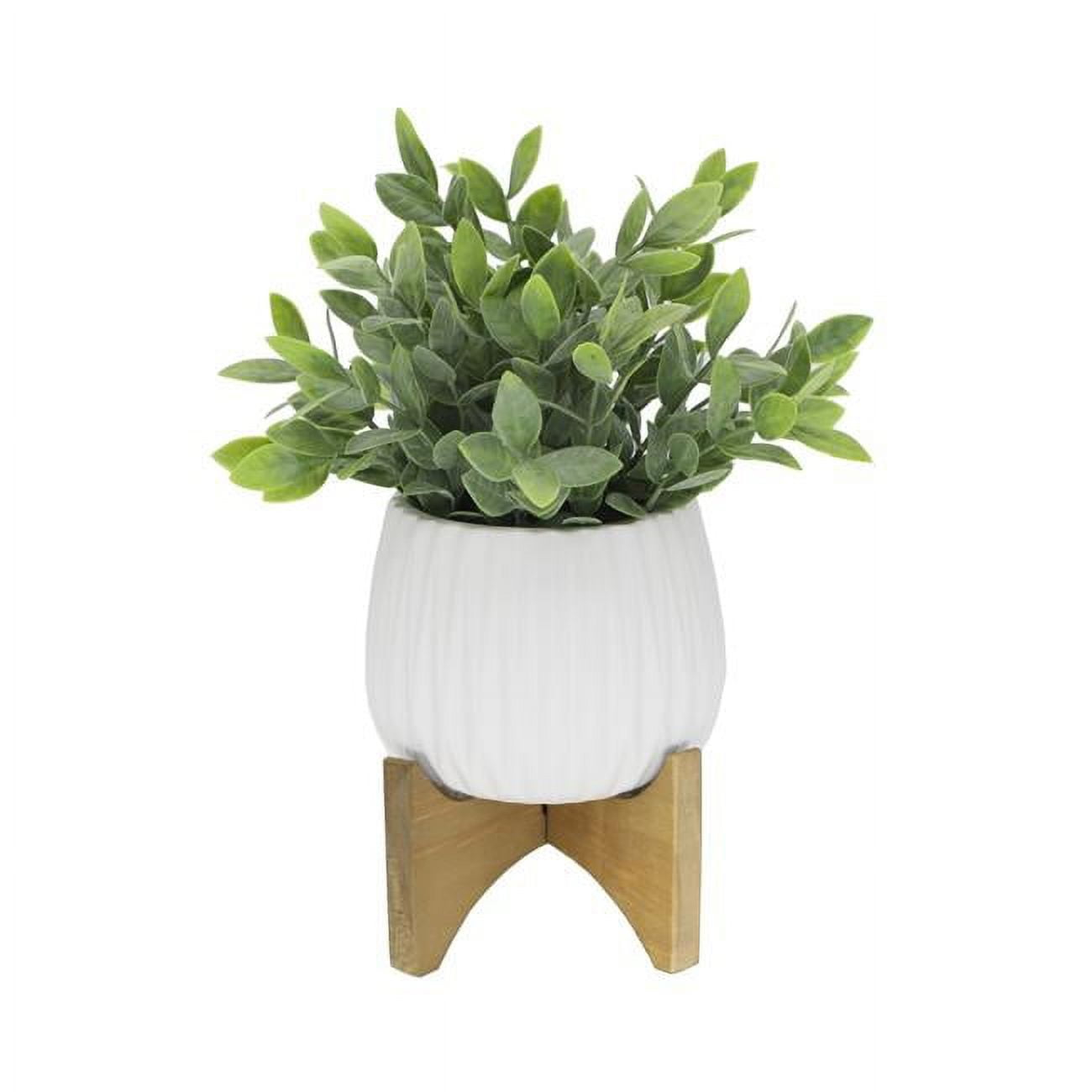 Artificial Plant Tea Leaf in 5 in Ridge Ceramic Pot on Wood Stand,Matte White