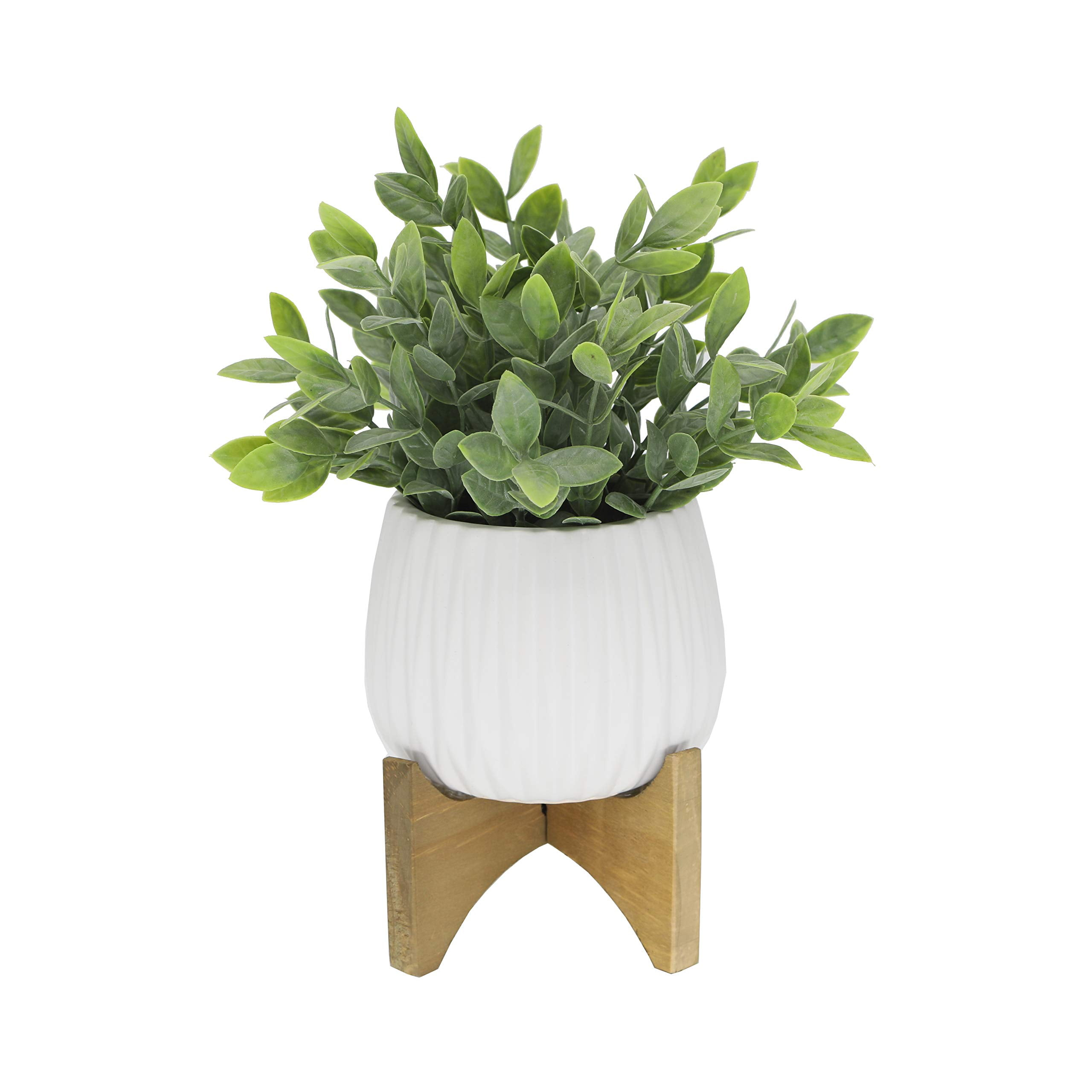 Artificial Plant Tea Leaf in 5 in Ridge Ceramic Pot on Wood Stand,Matte White