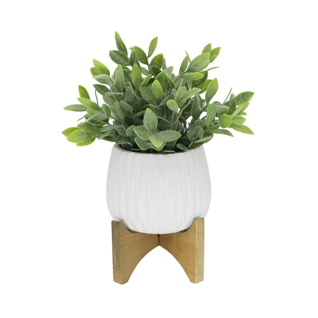 Artificial Plant Tea Leaf in 5 in Ridge Ceramic Pot on Wood Stand,Matte White