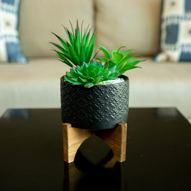 Flora Bunda Mid Century 5 inch Indian Ceramic Planter ON Wood Stand, Matte Black