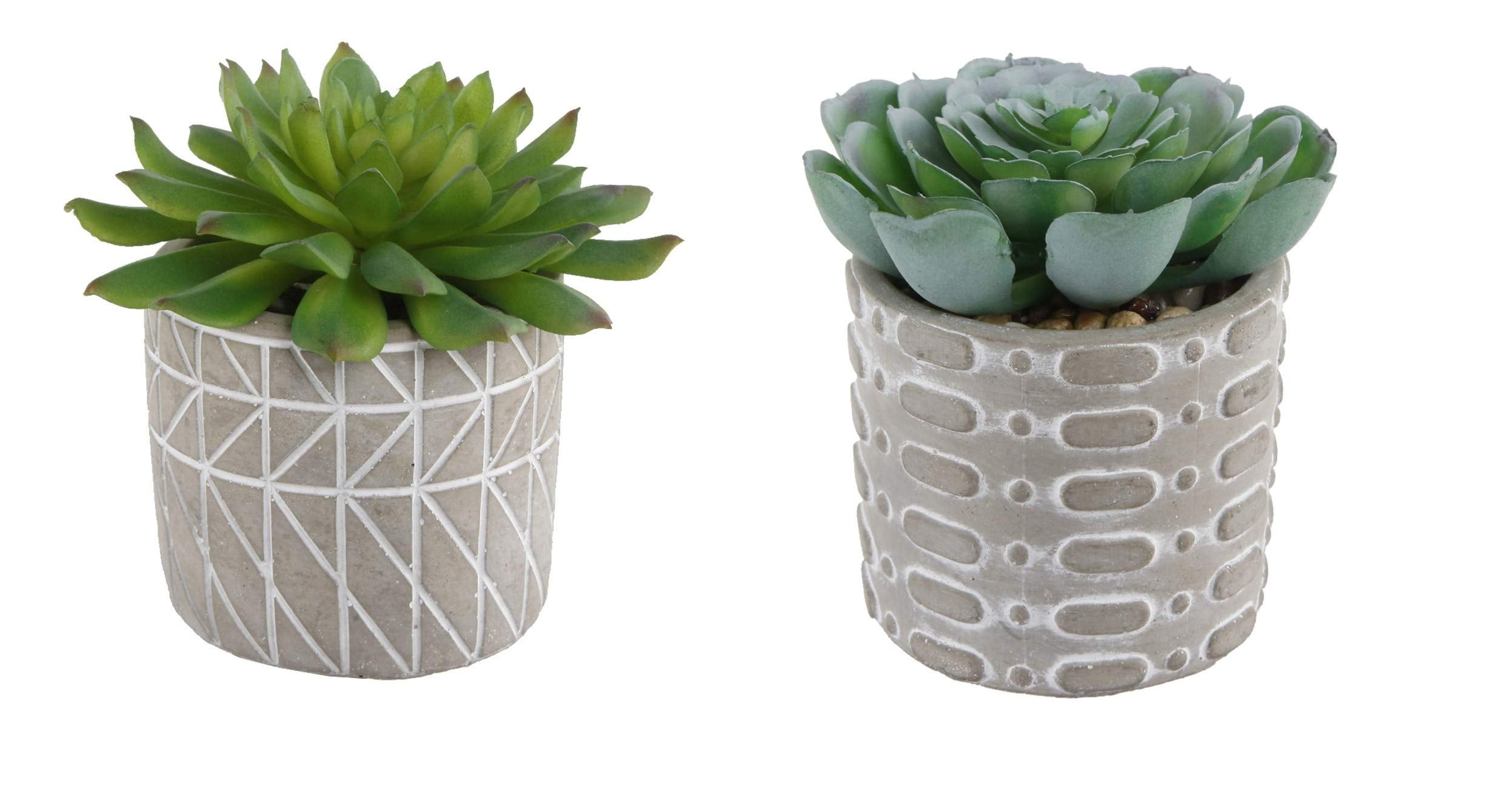 Flora Bunda Mid Century Artificial Plants Cactus Set of 2 Fake Succulent in 3" Cement Diamond line Pot Grey Planter, Potted Plants, for Home Office Decorations C65