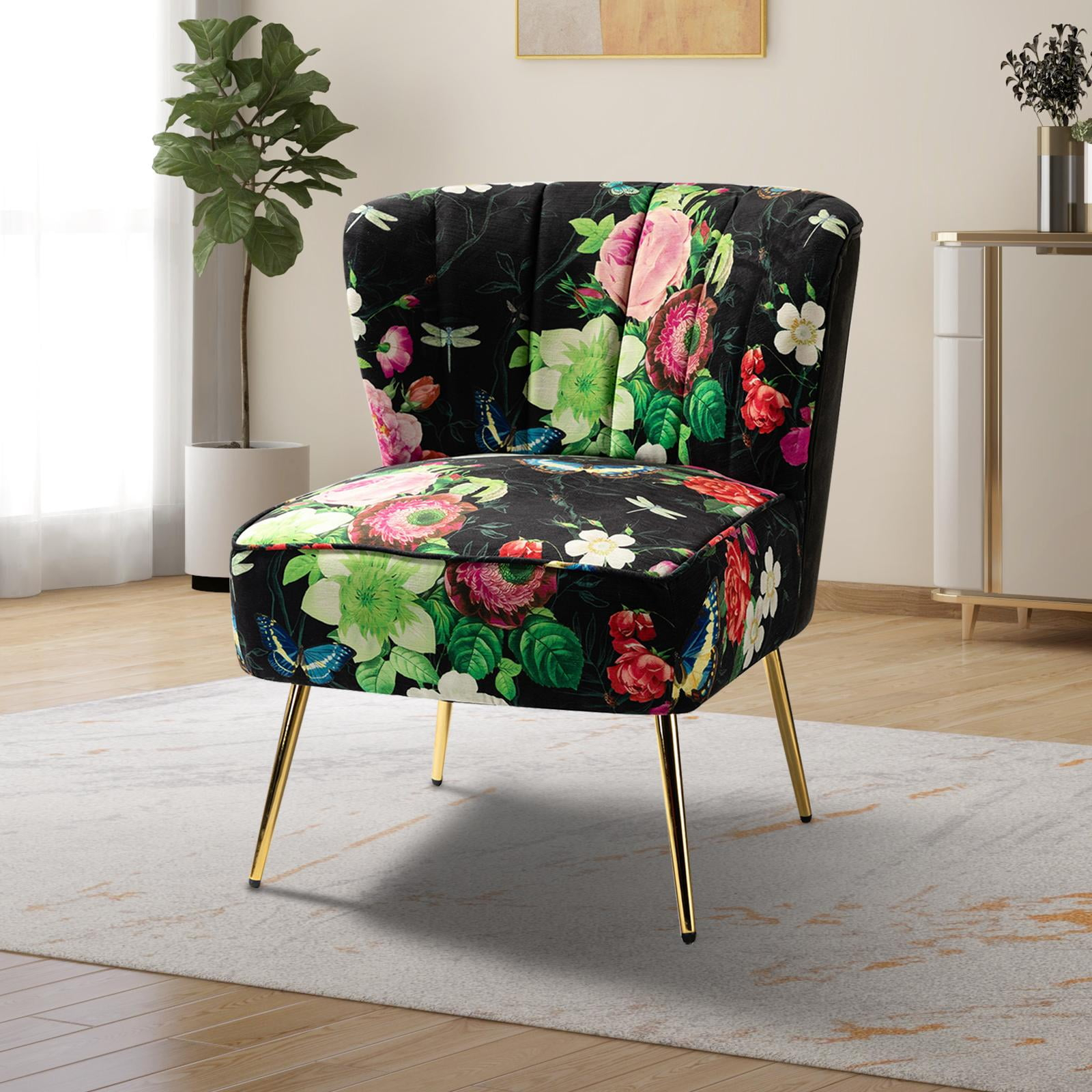 Floral Accent Chair Upholstered Wingback Sofa Tufted Back Golden Legs Flower Butterfly  Dining Home Living Room Bedroom Black