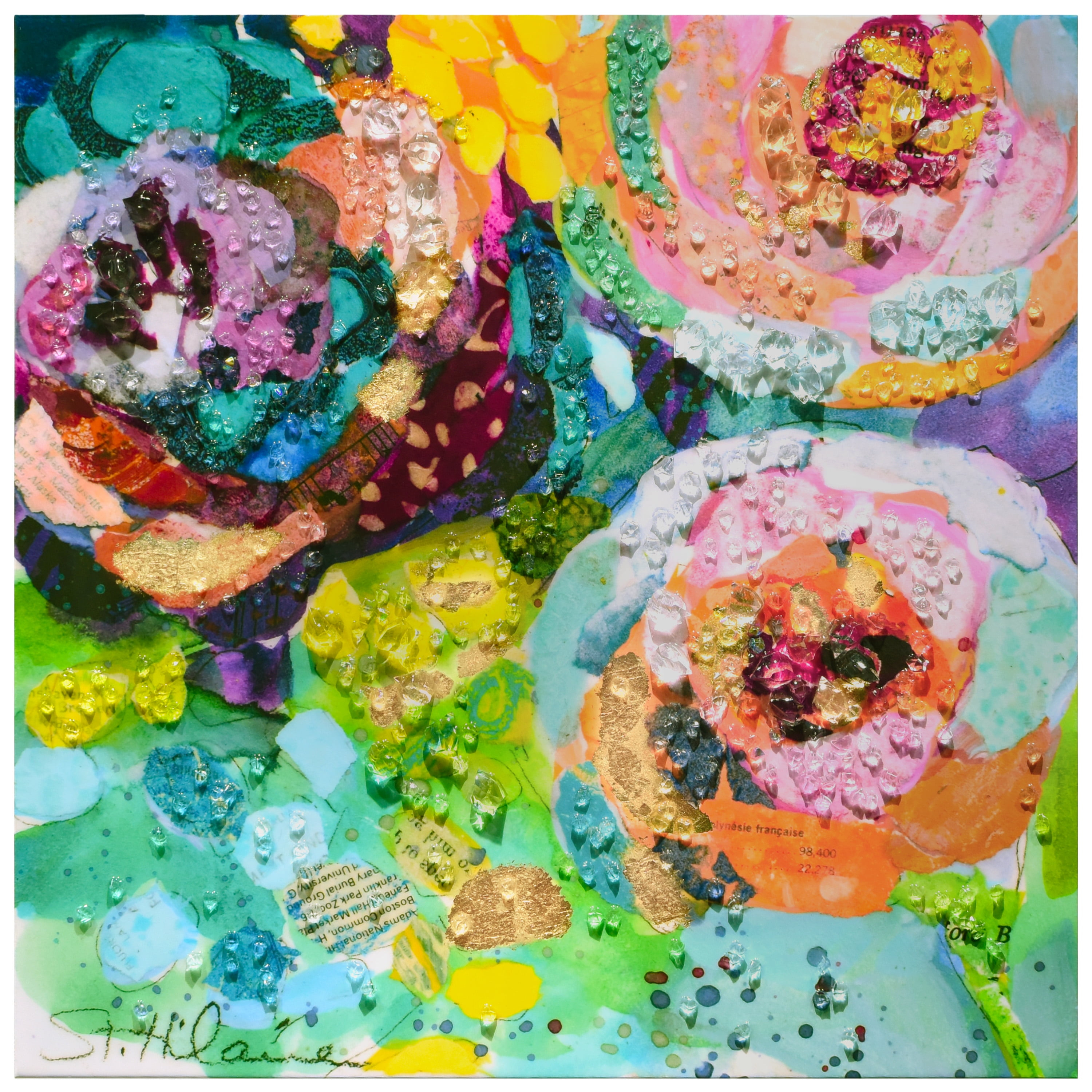 "Floral Radiance I" Crystallus Epoxy Coated Wrapped Glossy Canvas Wall Art with Heavy Acrylic Crystal Shards Embellishments,