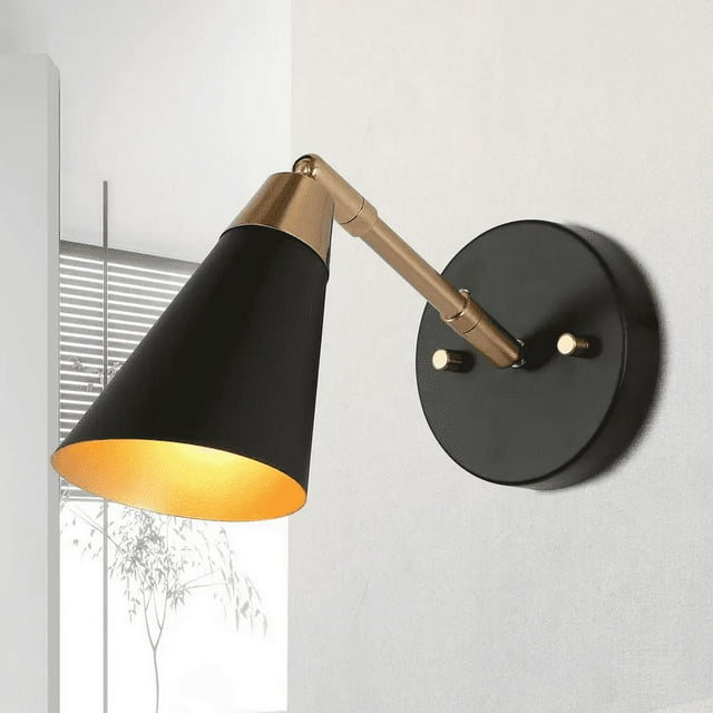 Flumie 1-Light Industrial Black Indoor Wall Sconce Modern Brass Vanity Light Adjustable Head with Cone Metal Shade
