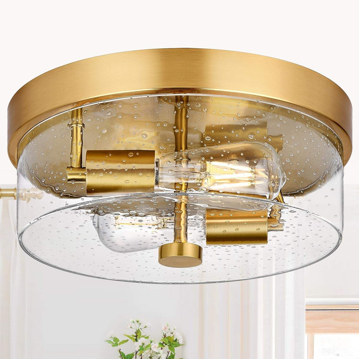 Flush Mount Ceiling Light Fixtures, 2-Light Brass Ceiling Mount for Farmhouse with Seeded Glass Lampshade, Industrial Hall Flush Mount Light Fixture for Hallway, Kitchen, Entryway, Bedroom and Foyer