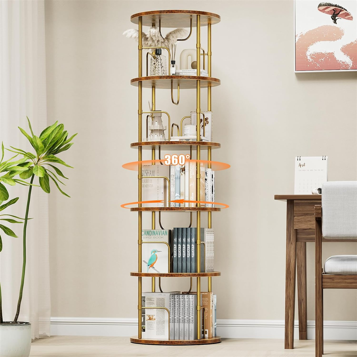 Flycity 5 Tier Rotating Bookshelf, 360Â° Display Rotating Bookcase Corner Storage Rack with Special Visible Partition Storage, Gold
