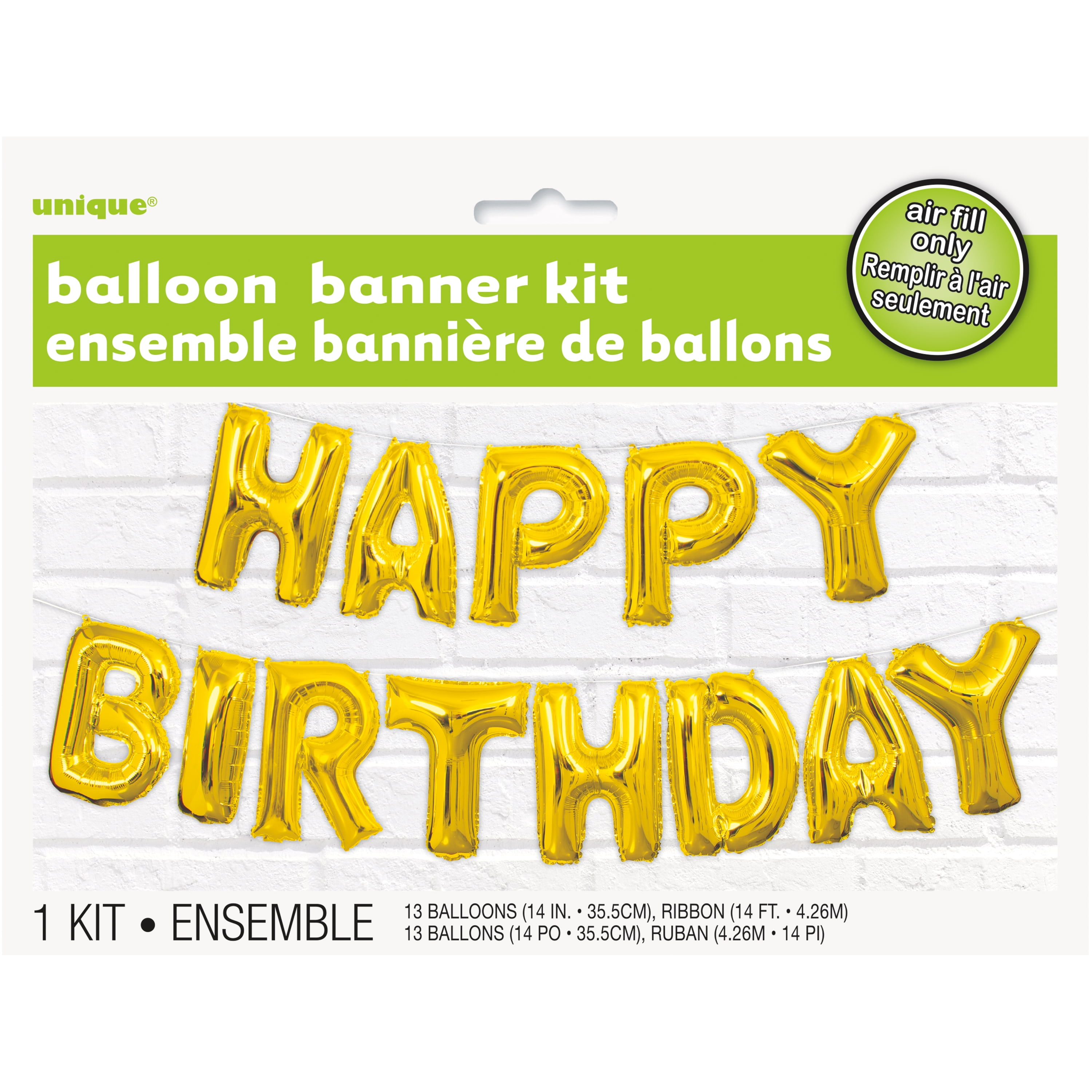 Foil "Happy Birthday" Letter Balloon Banner Kit, 14 in, Gold, 13pc
