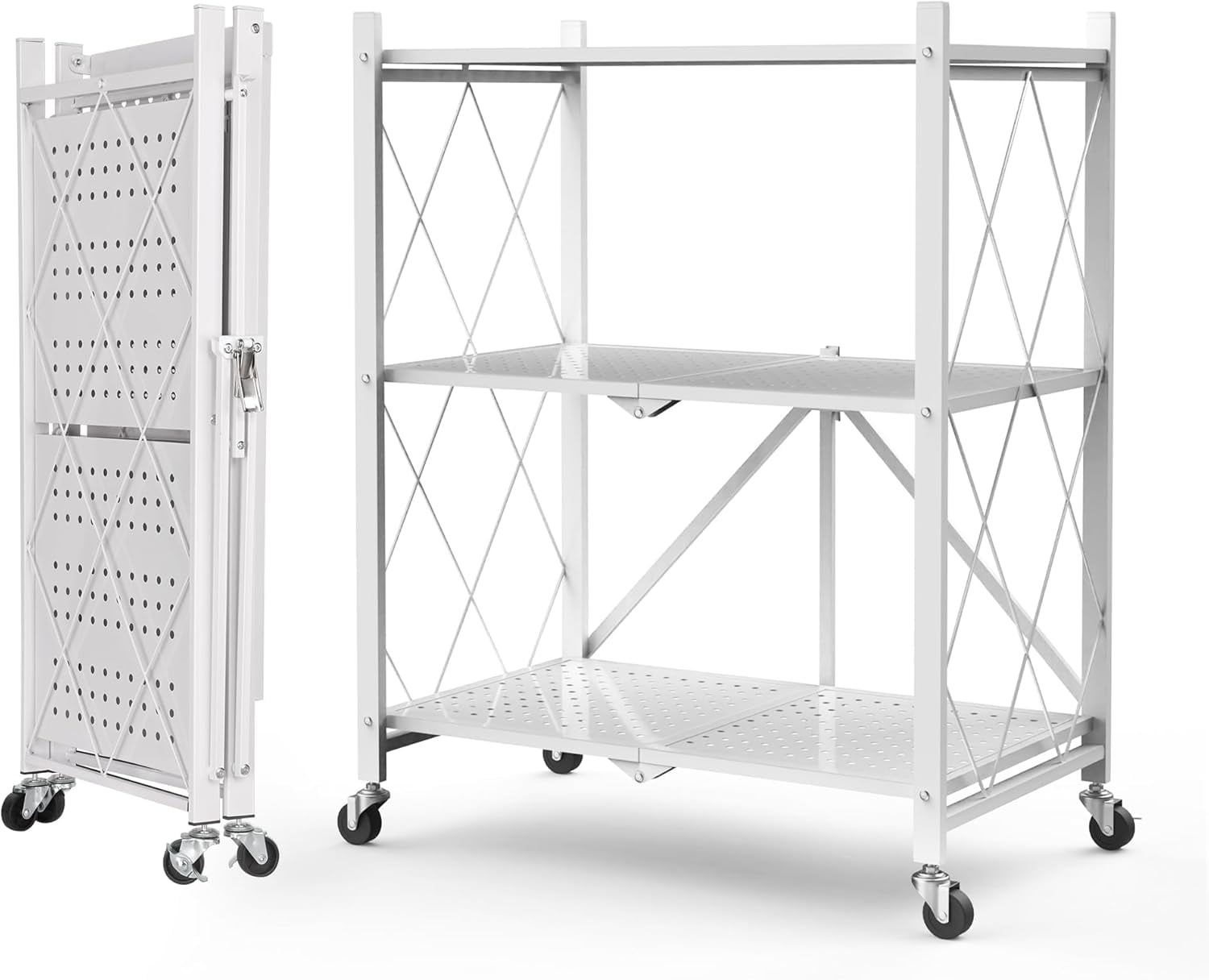 3-Tier Storage Shelves with Wheels, Folding Bookshelf No Assembly, Metal Display Shelf for Balcony, Kitchen, Basement, Pantry, White