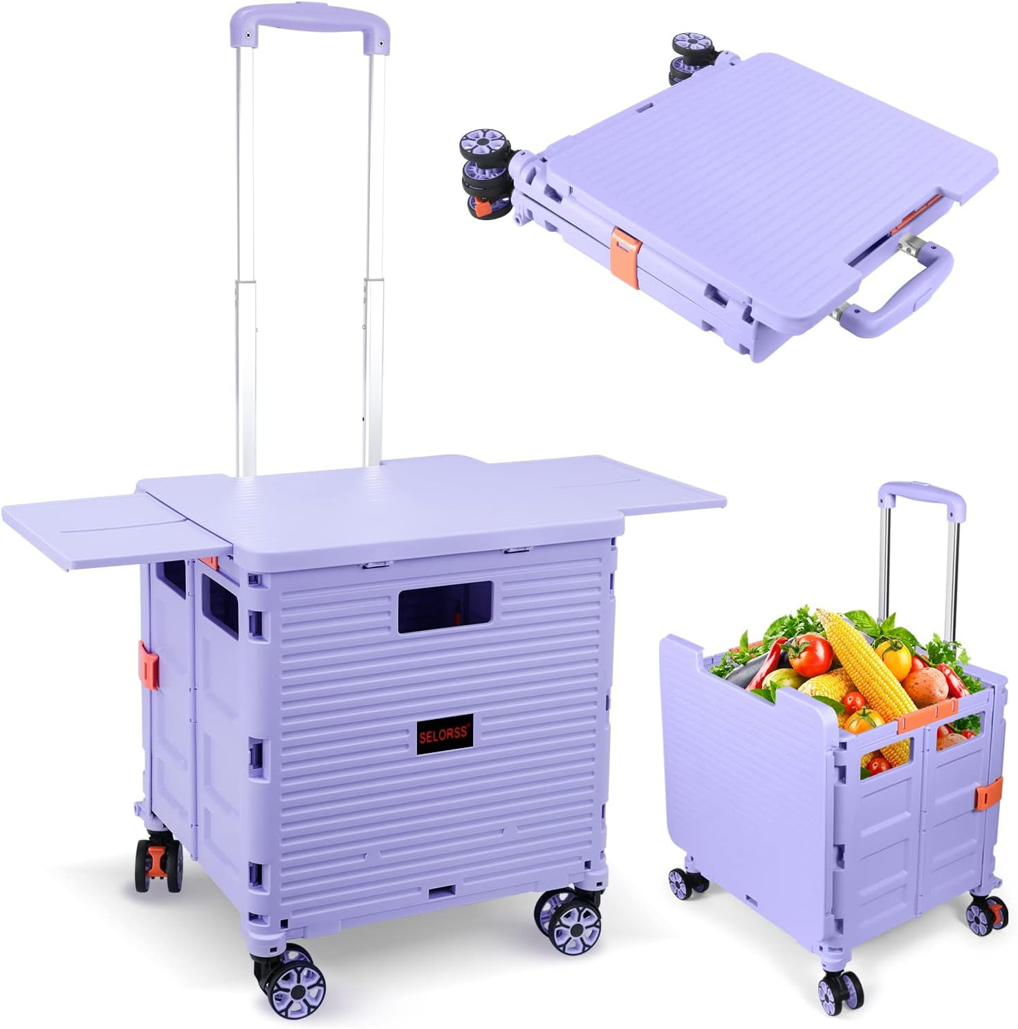 Folding Utility Cart Portable Rolling Crate Handcart with Magnetic Sliding Lid Telescoping Handle Heavy Duty Plastic Box Dolly 360Swivel Wheels for Travel Shopping Move Office Use(Purple Pro)