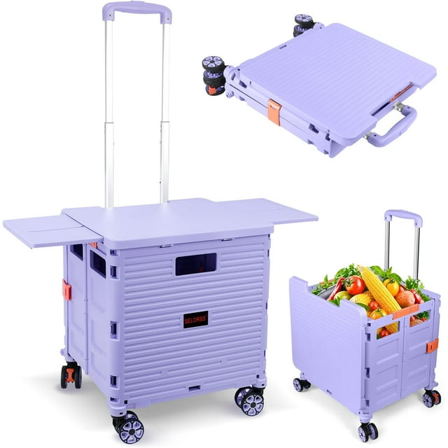 Folding Utility Cart Portable Rolling Crate Handcart with Magnetic Sliding Lid Telescoping Handle Heavy Duty Plastic Box Dolly 360Swivel Wheels for Travel Shopping Move Office Use(Purple Pro)