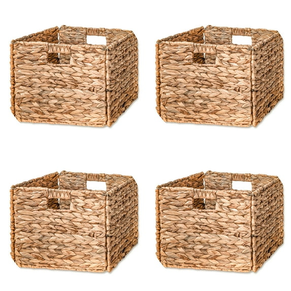 Foldable Water Hyacinth Storage Basket with Iron Wire Frame (Set of 4)