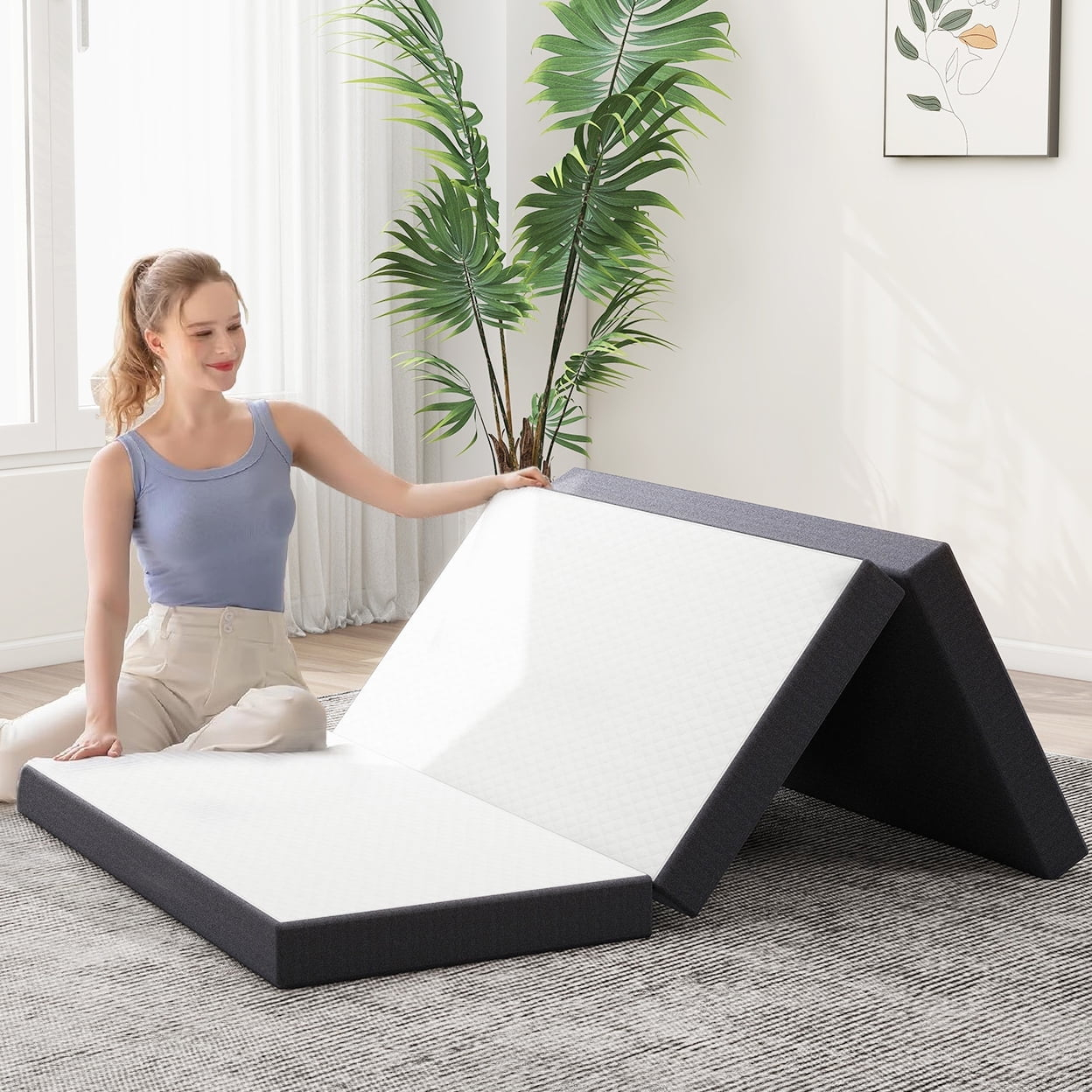 Folding Mattress, 4 inch Tri-fold Memory Foam Mattress Topper for Camping, Foldable Mattress Topper with Washable Cover, Twin Size