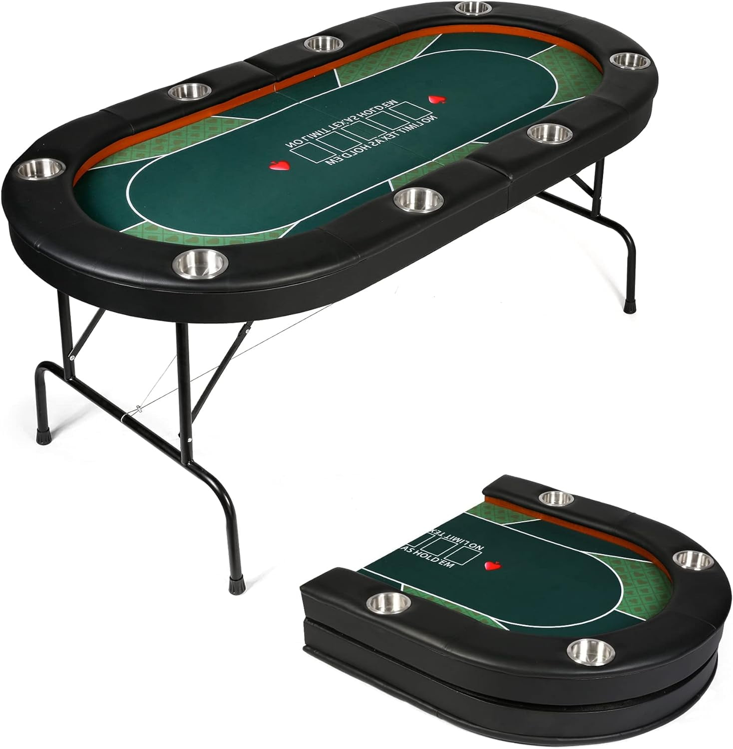 Folding Poker Table for 8 Players, Card Table with Cup Holder, Casino Leisure Table with Green Felt Surface for Blackjack Board Games