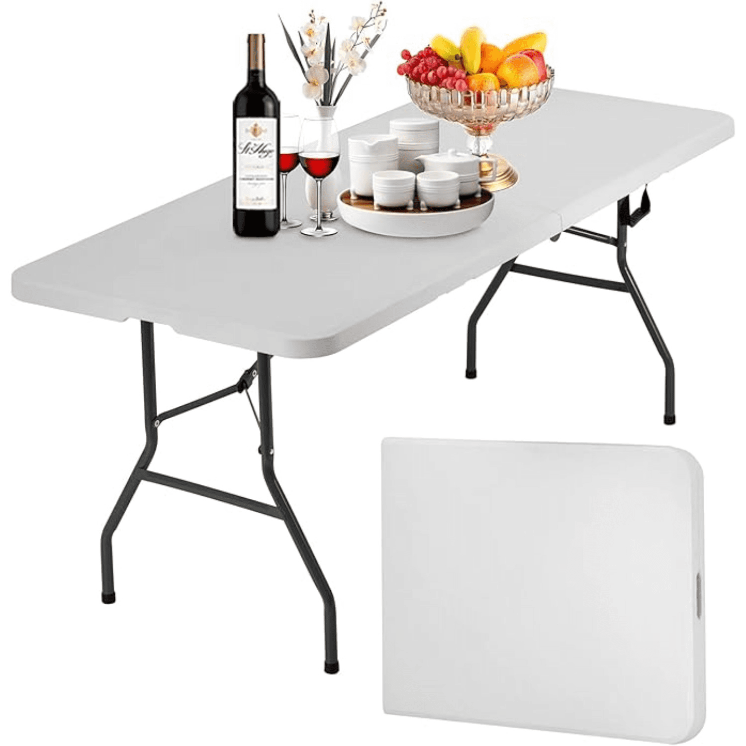 Folding Table 6 Foot Indoor Outdoor Heavy Duty Plastic Portable Fold Up Table Utility Camping Dining Party Table, Easy to Assemble, White