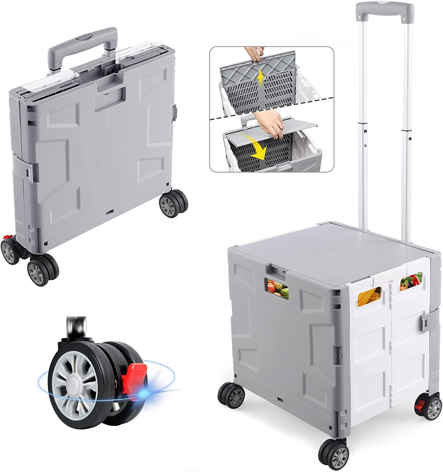 Folding Utility Cart Portable Rolling Crate Hand Truck Teacher Cart Heavy Duty Plastic Telescoping Handle Collapsible Hidden Lid Swivel Wheels for Travel Shopping Moving Office Use(Gray White)